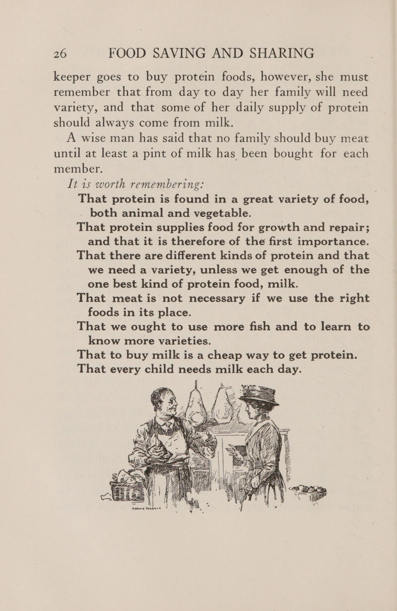 keeper goes to buy protein foods, however, she must remember that from day to day her family will need variety, and that some of her daily supply of protein should always come from milk. A wise man has said that no family should buy meat until at least a pint of milk has been bought for each member. It 1s worth remembering: | That protein is found in a great variety of food, _ both animal and vegetable. That protein supplies food for growth and repair; and that it is therefore of the first importance. That there are different kinds of protein and that we need a variety, unless we get enough of the one best kind of protein food, milk. That meat is not necessary if we use the right foods in its place. That we ought to use more fish and to learn to know more varieties. That to buy milk is a cheap way to get protein. That every child needs milk each day. We2 Rest!