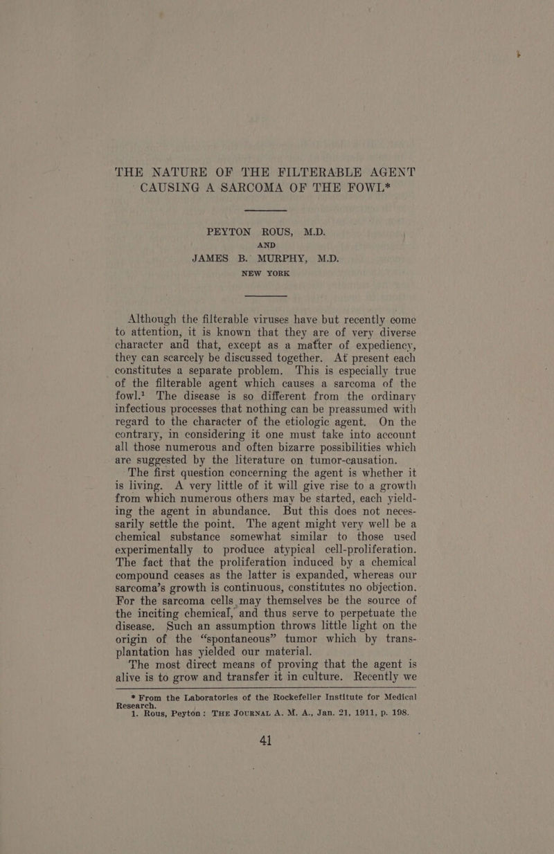 THE NATURE OF THE FILTERABLE AGENT CAUSING A SARCOMA OF THE FOWL* PEYTON ROUS, M.D. AND JAMES B. MURPHY, M.D. NEW YORK Although the filterable viruses have but recently come to attention, it is known that they are of very diverse character and that, except as a matter of expediency, they can scarcely be discussed together. At present each constitutes a separate problem. ‘This is especially true of the filterable agent which causes a sarcoma of the fowl.1 The disease is so different from the ordinary infectious processes that nothing can be preassumed with regard to the character of the etiologic agent. On the contrary, in considering it one must take into account all those numerous and often bizarre possibilities which are suggested by the literature on tumor-causation. | The first question concerning the agent is whether it is living. A very little of it will give rise to a growth from which numerous others may be started, each yield- ing the agent in abundance. But this does not neces- sarily settle the point. The agent might very well be a chemical substance somewhat similar to those used experimentally to produce atypical cell-proliferation. The fact that the proliferation induced by a chemical compound ceases as the latter is expanded, whereas our sarcoma’s growth is continuous, constitutes no objection. For the sarcoma cells may themselves be the source of the inciting chemical, and thus serve to perpetuate the disease. Such an assumption throws little light on the origin of the “spontaneous” tumor which by trans- plantation has yielded our material. The most direct means of proving that the agent is alive is to grow and transfer it in culture. Recently we * From the Laboratories of the Rockefeller Institute for Medical Research. 1. Rous, Peyton: THe Journat A. M. A., Jan. 21, 1911, p. 198. 4]