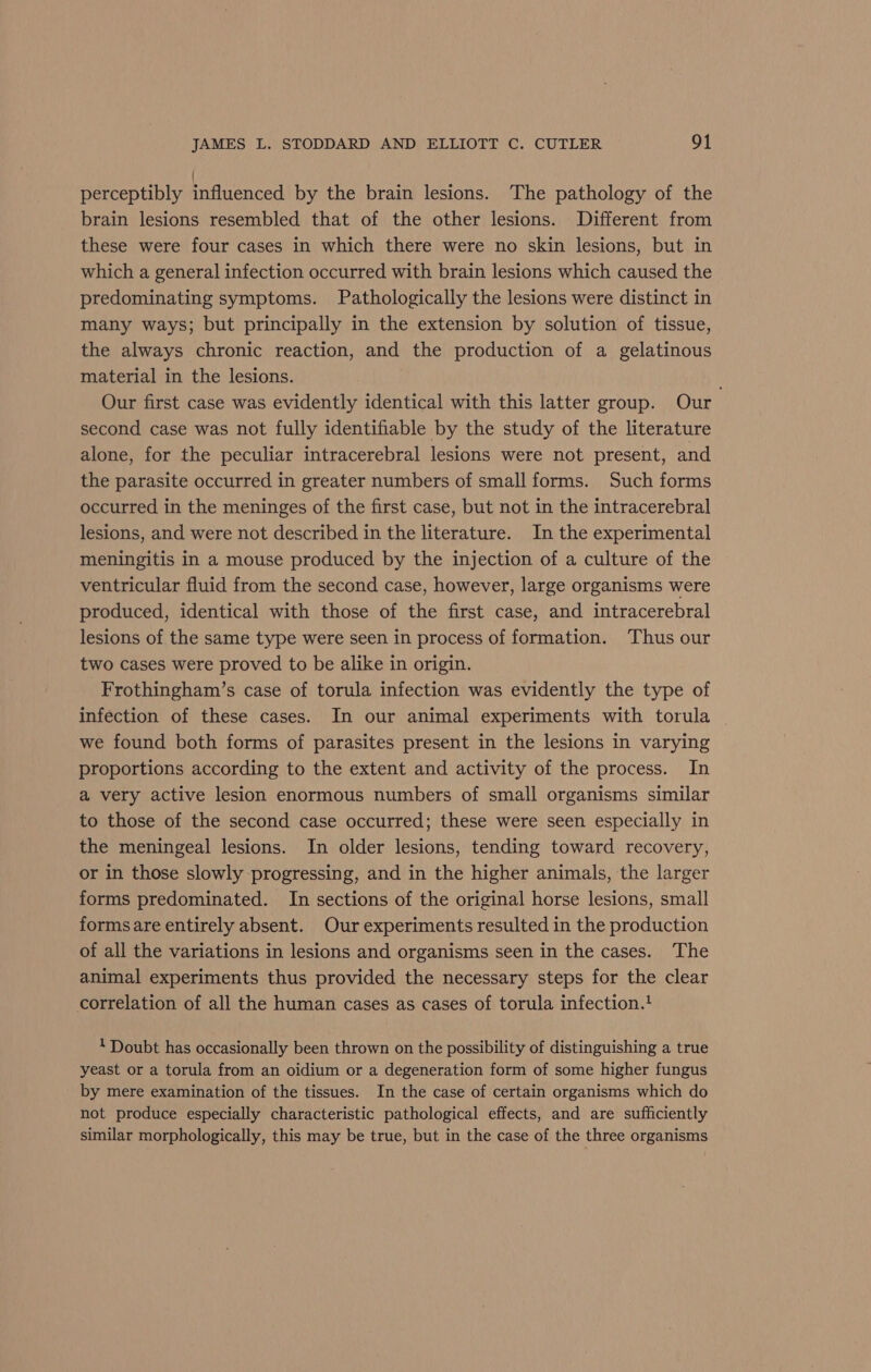 perceptibly ladaeneed by the brain lesions. The pathology of the brain lesions resembled that of the other lesions. Different from these were four cases in which there were no skin lesions, but in which a general infection occurred with brain lesions which caused the predominating symptoms. Pathologically the lesions were distinct in many ways; but principally in the extension by solution of tissue, the always chronic reaction, and the production of a gelatinous material in the lesions. Our first case was evidently identical with this latter group. Our second case was not fully identifiable by the study of the literature alone, for the peculiar intracerebral lesions were not present, and the parasite occurred in greater numbers of small forms. Such forms occurred in the meninges of the first case, but not in the intracerebral lesions, and were not described in the literature. In the experimental meningitis in a mouse produced by the injection of a culture of the ventricular fluid from the second case, however, large organisms were produced, identical with those of the first case, and intracerebral lesions of the same type were seen in process of formation. Thus our two cases were proved to be alike in origin. Frothingham’s case of torula infection was evidently the type of infection of these cases. In our animal experiments with torula we found both forms of parasites present in the lesions in varying proportions according to the extent and activity of the process. In a very active lesion enormous numbers of small organisms similar to those of the second case occurred; these were seen especially in the meningeal lesions. In older lesions, tending toward recovery, or in those slowly progressing, and in the higher animals, the larger forms predominated. In sections of the original horse lesions, small formsare entirely absent. Our experiments resulted in the production of all the variations in lesions and organisms seen in the cases. The animal experiments thus provided the necessary steps for the clear correlation of all the human cases as cases of torula infection.! 1 Doubt has occasionally been thrown on the possibility of distinguishing a true yeast or a torula from an oidium or a degeneration form of some higher fungus by mere examination of the tissues. In the case of certain organisms which do not produce especially characteristic pathological effects, and are sufficiently similar morphologically, this may be true, but in the case of the three organisms