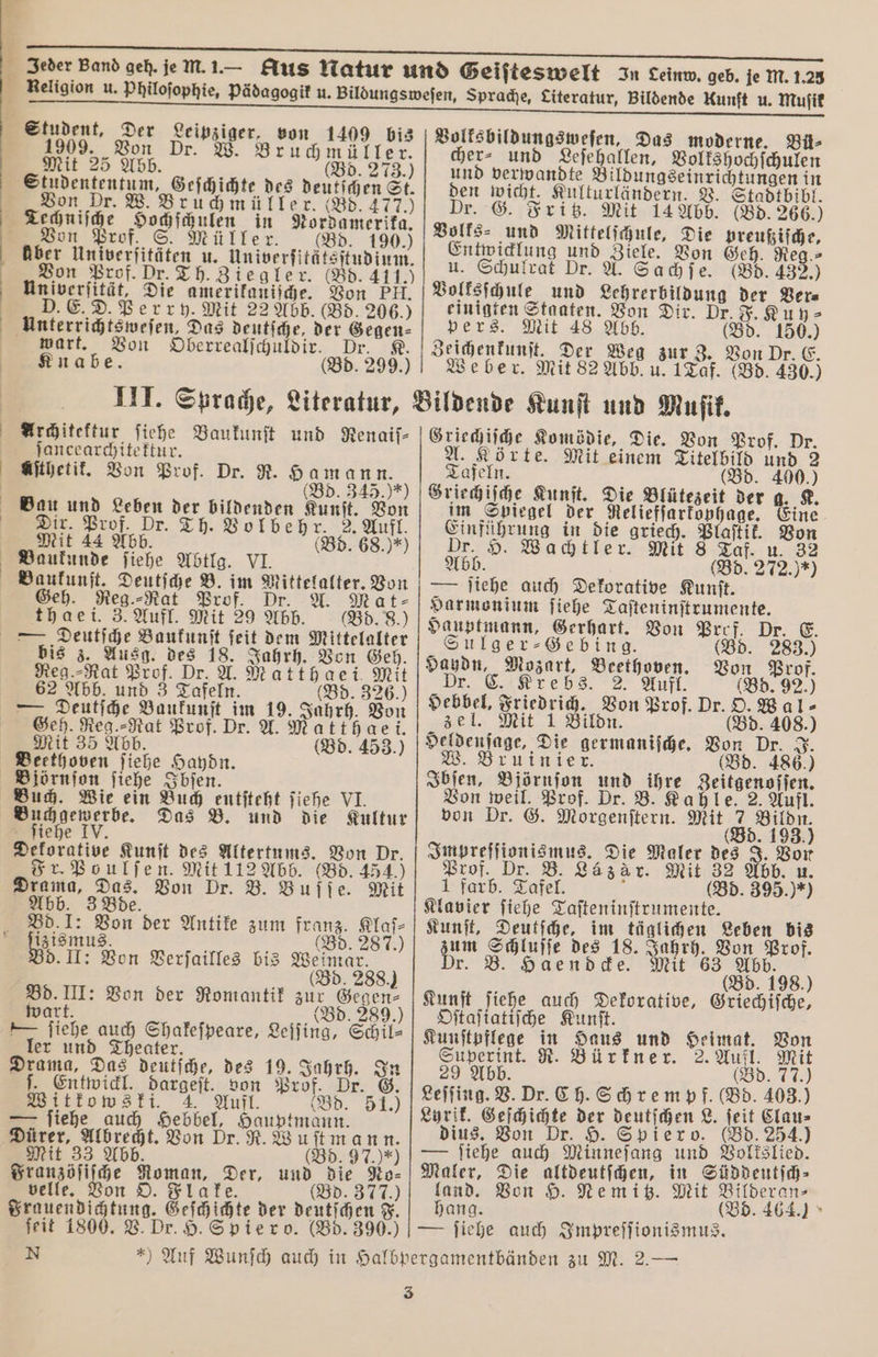 * Student, Der Leipziger, von 1409 bis Volksbildungsweſen, Das moderne. Bü⸗ Mit 25 Abb. (Bd. 273.) und verwandte Bildungseinrichtungen in E. D. Perry. Mit 22 Abb. (Bd. 206.) einigten Staaten. Von Dir. Dr. F. Kuy⸗ wart. Von Oberrealſchuldir. Dr. K. Zeichenkunſt. Der Weg zur 3. Von Dr. E. Knabe. (Bd. 299.) Weber. Mit 82 Abb. u. 1 Taf. (Bd. 430.) III. Sprache, Literatur, Bildende Kunſt und Muſik. Architektur ſiehe Baukunſt und Renaiſ⸗ Griechiſche Komödie, Die. Von Prof. Dr. ſancearchitektur. A. Körte. Mit einem Titelbild und 2 aſthetit. Von Prof. Dr. R. Hamann. Tafeln. (Bd. 400.) (Bd. 343) “) Griechiſche Kunſt. Die Blütezeit der g. K. Bau und Leben der bildenden Kunſt. Von im Spiegel der Reliefſarkophage. Eine Dir. Prof. Dr. Th. Volbehr. 2. Aufl. Einführung in die griech. Plaſtik. Von Mit 44 Abb. (Bd. 68.)“) Dr. H. Wachtler. Mit 8 Taf. u. 32 1 Baukunde ſiehe Abtlg. VI. Abb (Bd. 272.) *) Baukunſt. Deutſche B. im Mittelalter. on — ſiehe auch Dekorative Kunſt. Geh. Reg.⸗Rat Prof. Dr. A ate Harmonium ſiehe Taſteninſtrumente. thae i 3. Aufl Mit 20 Abb. (Bd. 8.) Hauptmann, Gerhart. Bon 99955 2895 bis z. Ausg. des 18. Jahrh. Von Geh. , Von Mror Reo Mat Prof Pd Mattgaet mit rng . f. Bon, Brei 62 Abb. und 3 Tafeln. (Bd. 326.) Hebbel, Friedrich. Von Prof. Dr. O. Wa 1. — Deutſche Baukunſt im 19. Jahrh. Von ; Geh. 1 Prof. Dr. A. Ma t 79 aei. zel. 8 Mit 1 Bildn. 8 (Bd. 408.) Mit 35 Abb. (Bd. 453.) deldenfage, Die germaniſche. Von Dr. J. Beethoven ſiehe Haydn. W. Bruinier. n (8d. 486.) Björnſon ſiehe Ibſen. Ibſen, Björnſon und ihre Zeitgenoſſen. Buch. Wie ein Buch entſteht ſiehe VI. Von weil, Prof. Dr. B. Kahle, 2. Aufl. Buchgewerbe. Das B. und die Kultur von Dr. G. Morgenſtern. Mit 7 Bildn. iehe IV. (Bd. 193.) Dekorative Kunſt des Altertums. Von Dr. Impreſſionismus. Die Maler des J. Von Fr Boulfen. Mit 115 Abh. G5. 4% of, Dr. 8. Läzär. Mit 32 Abb. u. Drama, Das. Von Dr. B. Buſſe. Mit I farb. Tafel. 3 (Bd. 395.) “) Abb. 3 Bde. Klavier ſiehe Taſteninſtrumente. Bd. I: Von der Antike zum franz. Klaſ⸗ Kunſt, Deutſche, im täglichen Leben bis izismus. f 5 (Bd. 287.) em Schluſſe des 18. Jahrh. Von Prof. Bd. II: Von Verſailles bis Weimar. r. B. Haendcke. Mit 63 Abb. (8d. 288.) | (Bd. 198.) Bd. III: Von der Romantik zur Gegen⸗ Kunſt ſiehe auch Dekorative, Griechiſche, wart. „(Bd. 289.) Odſtaſiatiſche Kunſt. e ſiehe auch Shakeſpeare, Leſſing, Schil= | Kunſtpflege in Haus und Heimat. Von ler und Theater. Superint. R. Bürkner. 2. Aufl. Mit Drama, Das deutſche, des 19. Jahrh. In 29 Abb. (Bd. 77.) % Entwickl, dargeſt. von Prof. Dr. G. Leſſing. V. Dr. Ch. Schrem pf. (Bd. 403.) Wittkowski. 4. Aufl. (Bd. 51.) a ; heit L. feit Clau⸗ — ſiehe auch Hebbel, Hauptmann. Le e der S1 Ben (8d 254.) Dürer, Albrecht. Von Dr. R. Wuſt mann. ius. Von Dr. 9. Spiero. 17 85 Mit 33 Abb (Bd. 97.) “*) [— ſiehe auch Minneſang und Volkslied. Franzöſiſche Roman, Der, und die No⸗ Maler, Die altdeutſchen, in Süddeutſch⸗ velle. Von O. Flake. (Bd. 377.) land. Von H. Nemitz. Mit Bilderan⸗ Frauendichtung. Geſchichte der deutſchen F. hang. „ Bd. 464.) feit 1800. V. Dr. H. Spie ro. (Bd. 390.) — ſiehe auch Impreſſionismus. N *) Auf Wunſch auch in Halbpergamentbänden zu M. 2.— 3