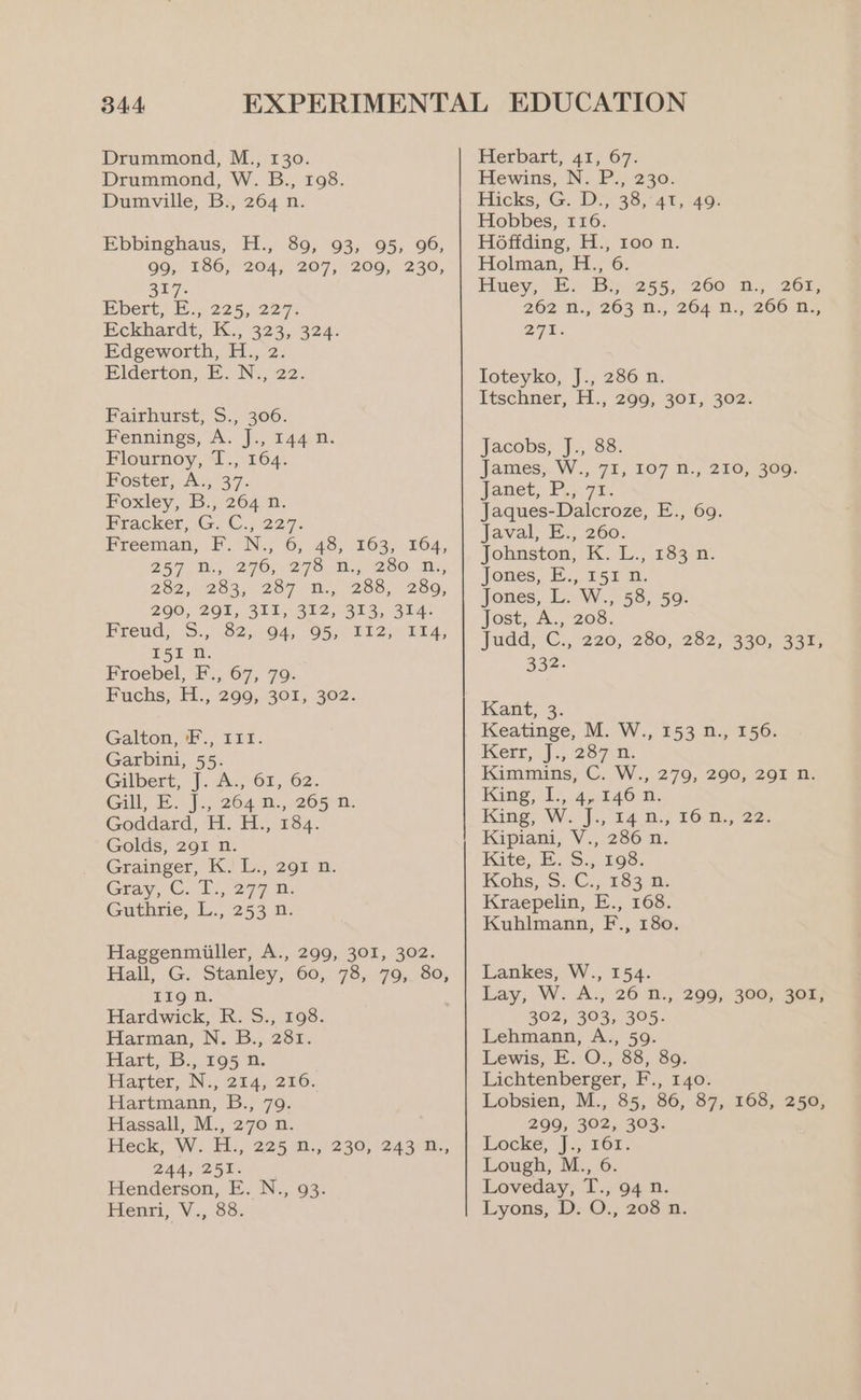 Drummond, M., 130. Drummond, W. B., 198. Dumville, B., 264 n. Ebbinghaus, H., 89, 93, 95, 96, 99;,-130, 204, 2075200, 230, BL 7s Ebert, B.°225, 227; Eckhardt, K., 323, 324: Edgeworth, H., 2. Elderton, E. N., 22. Fairhurst, 5., 906. Fennings, A. J., 144 n. Flournoy, T., 164. HOStCH As, ' 37. Foxley, B.; 264.0. Fracker, G, C.,; 227. Freeman, F. N., 6; 48, 163, 164, 257 Ds, 270; 270 0H. 250. Ms, 232,253, 2o7 B. (\288, 259, 260; -2Ol, S11, 312,353, Sat Freud, S., .82;.-904, 05,. 112, 5r4, PEI o. Froebel, F., 67, 79. Puchs:-F1., 290,-301;, 302. Galton, 'F., 111. Garbini, 55. Gilbert, J. A., 61, 62. Gill, EB. jj 264.2., 205 Nn: Goddard, H. H., 184. Golds, 291 n. Grainger, K. L., 291 n. Gtay, ©. 13,277 i: Guthrie, L., 253 n. Haggenmiiller, A., 299, 301, 302. Hall, G, Stanley, 60, 78,..79,_80, IIg n. Hardwick, RR: 'S.,.298. Harman, No b.,..208: Hart, B., 195 n. Harter, N., 214, 210. Hartmann, B., 79. Hassall, M., 270 n. Heck, W. Hi, 225 2., 230, 243 2, 244, 251. Henderson, E. N., 93. Henri, V., 88. Herbart, 41, 67. Hewins, N. P., 230. Hicks) Ge 1938241, .49> Hobbes, 116. H6ffding, H., roo n. Holman; H.. 6, Huey, 2 - Ist 255,'206 ms Zor, 262 1. 263 0, 204.0., 2660 A; 29%; loteyko, J.; 286 a. Itschner, H., 299, 301, 302. Jacobs, J., 88. James; W., 71, 107 0., 210,300; Janet, PL. 71. Jaques-Dalcroze, E., 69. jJaval, #), 260. Johnston, K..L., 184; nm: Jones, E., 151 n. Jones, L. W., 58, 59. Jost, A. 206; judd; C.,°220, 280, 232, 340, 337, 332. Kant, 3. Keatinge, M. W., 153 n., 156. Kerr, | .5 267%. Kimmins, C. W., 279, 290, 291 0. King, 1). 4,146 9. King: W. J., (4 Ds; FO Ds. Z2- Kipiani, V., 286 n. Kite, i. S:,.198. Kohs,.S.-C., £63 a Kraepelin, E., 168. Kuhlmann, F., 180. Lankes, W., 154. Lay, W: A., 26 B., 200, 3005, g08; 302, 303, 305. Lehmann, A., 59. Lewis, E. O., 88, 89. Lithteaberger, F'., 140: Lobsien, M., 85, 86, 87, 168, 250, 299, 302, 303. Locke, J.4°565. Lough, M., 6. Loveday, T., 94 n. Lyons, D. O., 208 n.