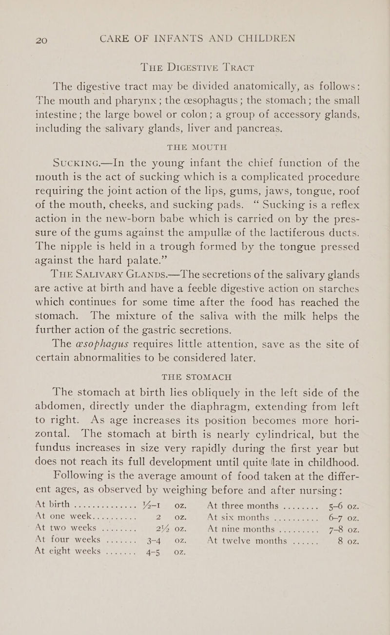 THE DIGESTIVE. [RACT The digestive tract may be divided anatomically, as follows: The mouth and pharynx; the cesophagus ; the stomach; the small intestine ; the large bowel or colon; a group of accessory glands, including the salivary glands, liver and pancreas. THE MOU TE Suck1nG.—In the young infant the chief function of the mouth is the act of sucking which is a complicated procedure requiring the joint action of the lips, gums, jaws, tongue, roof of the mouth, cheeks, and sucking pads. “ Sucking is a reflex action in the new-born babe which is carried on by the pres- sure of the gums against the ampulle of the lactiferous ducts. The nipple is held in a trough formed by the tongue pressed against the hard palate.” THE SALIVARY GLANDS.—The secretions of the salivary glands are active at birth and have a feeble digestive action on starches which continues for some time after the food has reached the stomach. The mixture of the saliva with the milk helps the further action of the gastric secretions. The esophagus requires little attention, save as the site of certain abnormalities to be considered later. Pees TOMACH The stomach at birth lies obliquely in the left side of the abdomen, directly under the diaphragm, extending from left to right. As age increases its position becomes more hori- zontal. The stomach at birth is nearly cylindrical, but the fundus increases in size very rapidly during the first year but does not reach its full development until quite late in childhood. Following is the average amount of food taken at the differ- ent ages, as observed by weighing before and after nursing: Pte bitthixestsst ye eee ae Y-I oz. At three months ........ 5-6 oz. tele sw CCK nas sets: Dae Oe ASTSIxetn Oi tile ceenes ater 6-7 Oz. A CLWOrweeks ia. 214 oz. At nine: months... 2.0... &lt;3 7-8 OZ. At four weeks ....... 3-4 = OZ. At twelve months ...... 8 oz. At eight weeks ....... 4-5 02Z.