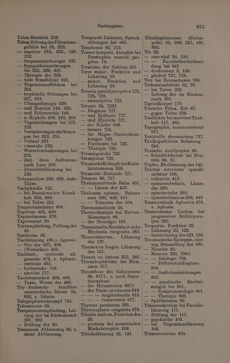 gefühls bei 53, 223. superior 215, 225, 226, 232. Suspensionstherapie 237. Sympathicusstörungen bei 225, 226, 827. Therapie der 235. tiefe Sensibilität 222. Trigeminusaffektion 224. trophische Störungen bei 227, 231. Übungstherapie 239. und Neuritis 149, 235. und Polyneuritis 149. u..Syphilis 209, 210, 216. Vagusstörungen bei 221, 225. Veränderungen Mein gen bei 213, 215. Verlauf 231. visceralis 232. Wurzelveränderungen bei 213. Zeit ihres Auftretens nach Lues 210. Zwerchfellläihmung bei 126. Tabes. Tachykardie 122. — bei Basedowscher Krank- heit 858, 868. — bei Tabes 225. Tangentialschicht 408. Tapetum 424, 456. Tapirschnauze 379. Tapotement 90. Tastempfindung, Prüfung der 48 Tastkreise 50. Tastlähmung 486, s. Agnosie. — Sitz der 427, 486. — (Wernickes) 452. Taubheit, cerebrale _all- gemeine 473, s. Aphasie. — corticale 461. — hysterische 756. — nervöse 117. Taubstummheit 468, 666. — Taxie, Wesen der 488. Tay - Sachssche familiäre 692, s. Idiotie. Teleneurone 69. tung der im Rückenmark 201, 202. — Prüfung der 50. unter Abblassung. Sachregister. störungen bei 482. Tenotomie 92, 713. Tensor tympani, Atrophie bei | Dystrophia museul. pro- gress. 14. ' Teratome des Gehirns 531. Teres major, Funktion und | Lähmung 23. — minor, Funktion Lähmung 23. | | Tetania parathyreopriva 723, 726, 728. — strumipriva 723. ‚ Tetanie 38, 7231. — Diagnose 727. und Epilepsie 727. — und Hysterie 727. — der Kinder 649. latente 724. bei Magen - nee kungen 723. Psychosen bei 725. — Therapie 728. | Tetaniegesicht 725. Tetaniestar 725. | und hirntumoren 558. Tetanoide Zustände 727. Tetanus 36, 727. — — Läsion der 453. Thalamus opticus, zum 180, 449, 451. — — Tumoren des 554. Thermanästhesie 54. Thermotherapie bei Nerven- lähmungen 88. — der Neuralgie 161. Thomsensche Krankheit siehe Myotonia congenita 385. Thoracalnerven, Lähmung der 137. Thoracicus longus, Lähmung des 131. Thorax en bateau 313, 382. sinus 617. Thrombose des Gehirnsinus 99, 617f., s. auch Sinus- thrombose. der Hirnarterien 607f. des Sinus cavernosus 619. — — longitudinalis 618. — — transversus 617. Thymus persistens 391. Tibialis anticus, Funktion des 25. ı— posticus bei neurotischer Muskelatrophie 269. . Tibialislähmung 25, 141. 975 pells). 61, 249, 257, 438, 602. Tie 35. — convulsif 36, 156. Facialisdurchschnei- dung bei 947. — douloureux 3, 156. — general 737, 738. Ties bei Neurasthenie 789. Tiefensensibilität 52, 76. — bei Tabes 222. — mark 201. Tonische Pillen, Erb 87. — gegen Tabes 236. Tonlücken bei nervöser Taub- heit 117, 465. Topographie, kraniocerebrale 917. Torticollis rheumaticus 737. 644. ritis 86, 87. Töpfer, Bleilähmung der 145. Tractus arteriosus spinalis anterior 169. — solitarius 413. — spinocerebellaris, Läsion des 290. spinotectales 289. — spinothalamicus 289, 449 s. Aphasie. Transversales Lachen bei progressiver Bulbärpara- lyse 283. — Innervierung des123, 124. urg. Behandlung der 935. Neuritis 82. Neurose 325, 798f. — Ätiologie 798. — Differentialdiagnose 804. — Gedächtnisstörungen 802. — psychische nungen bei 801. — Symptomatologie 801. — Therapie 806. Tränensekretion bei Facialis- — Prüfung der 111. — psychische 105. — bei Trigeminuslähmung 105. Tränenzentrum 434. Erschei-