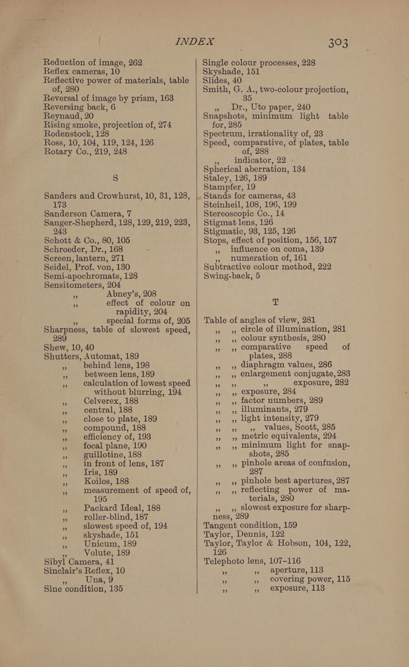 _ Reduction of image, 262 Reflex cameras, 10 Reflective power of materials, table of, 280 Reversal of image by prism, 163 Reversing back, 6 Reynaud, 20 Rising smoke, projection of, 274 Rodenstock, 128 Ross, 10, 104, 119, 124, 126 Rotary Co., 219, 248 8 Sanders and Crowhurst, 10, 31, 128, 173 Sanderson Camera, 7 Sanger-Shepherd, 128, 129, 219, 223, 243 Schott &amp; Co., 80, 105 Schroeder, Dr., 168 Screen, lantern, 271 Seidel, Prof. von, 130 Semi-apochromats, 128 Sensitometers, 204 + Abney’s, 208  effect of colour on rapidity, 204 special forms of, 205 Sharpness, table of slowest speed, 289 Shew, 10, 40 Shutters, Automat, 189 behind lens, 198 . between lens, 189 , calculation of lowest speed without blurring, 194 Celverex, 188 central, 188 be close to plate, 189 compound, 188 * efficiency of, 193 ‘ focal plane, 190 a guillotine, 188 » im front of lens, 187 Iris, 189 Koilos, 188 measurement of speed of, 195 Packard Ideal, 188 roller-blind, 187 4 slowest speed of, 194 skyshade, 151 Unicum, 189 i Volute, 189 Sibyl Camera, 41 Sinclair’s Reflex, 10 : Una, 9 Sine condition, 135 325 Single colour processes, 228 Skyshade, 151 Slides, 40 Smith, G. A., two-colour projection, 35 » Dr., Uto paper, 240 Snapshots, minimum light table for, 285 Spectrum, irrationality of, 23 Speed, comparative, of plates, table of, 288 », Indicator, 22 - Spherical aberration, 134 Staley, 126, 189 Stampfer, 19 Steinheil, 108, 196, 199 Stereoscopic Co., 14 Stigmat lens, 126 Stigmatic, 93, 125, 126 Stops, effect of position, 156, 157 ,, influence on coma, 139 », numeration of, 161 Subtractive colour method, 222 Swing-back, 5 © iy Table of angles of view, 281 » >, circle of illumination, 281 colour synthesis, 280 » 9, comparative speed _ of plates, 288 » » diaphragm values, 286 » » enlargement conjugate, 283 exposure, 282 A) exposure, 284 factor numbers, 289 iluminants, 279 light intensity, 279 » » 9» Values, Scott, 285 metric equivalents, 294 minimum light for snap- shots, 285 » », pinhole areas of confusion, 287 » 9») Pinhole best apertures, 287 » » reflecting power of ma- terials, 280 ,, Slowest exposure for sharp- ness, 289 Tangent condition, 159 Taylor, Dennis, 122 Taylor, Taylor &amp; Hobson, 104, 122, 126 Telephoto lens, 107-116 aperture, 113 covering power, 115 exposure, 113 ? +P) 2? ? 2? o?