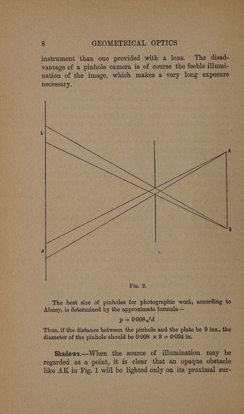 instrument than one provided with a lens. The disad- vantage of a pinhole camera is of course the feeble illumi- nation of the image, which makes a very long exposure necessary. The best size of pinholes for photographic work, according to Abney, is determined by the approximate formula— Thus, if the distance between the pinhole and the plate be 9 ins., the diameter of the pinhole should be 0°008 x 8 = 0°024 in. Shadows.—When the source of illumination may be regarded as a point, it is clear that an opaque obstacle like AK in Fig. 1 will be lighted only on its proximal sur-