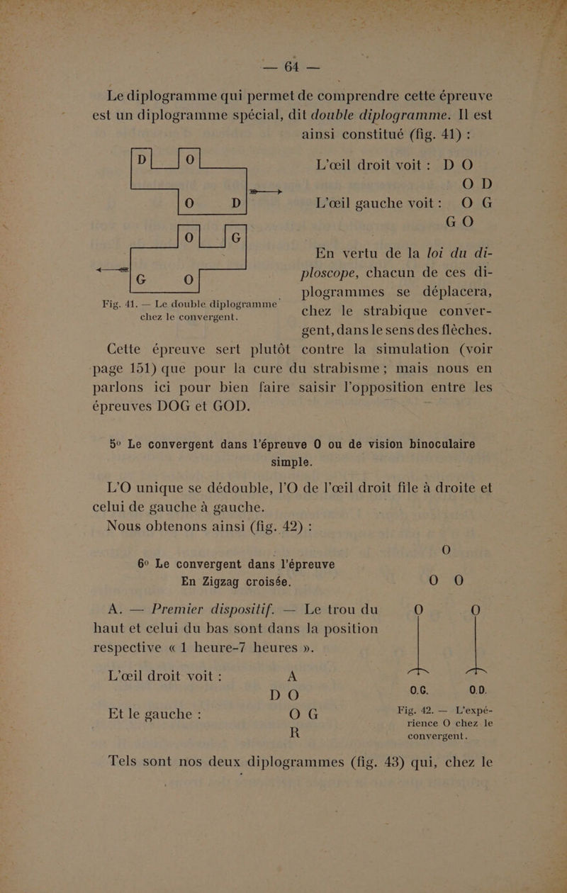 Le. 2. ER Sd à LE ci . ft Lh Din: Fe 00 PAIE ME ARR. 4 ee à Pal  $ re RS Ed de SSS s e ÿ ru k2 _ 3 2 ” n ‘ , F. 977 «7. PARTIR Le RE de Ld à = 4 : L A N . € cv À , pl : L Fc 1 x 2 . Le … “Un LA : e r 44 , ne + £. Le diplogramme qui permet de comprendre cette épreuve est un diplogramme spécial, dit double diplogramme. I est ainsi constitué (fig. 41) : L’œil droit voit: D O . OD L'œil gauche voit: O G G O | En vertu de la loi du di- THE ploscope, chacun de ces di- ._. plogrammes se déplacera, Fig. 41. — Le double diplogramme Sp) Da de chez le strabique conver- gent, dans le sens des flèches. Cette épreuve sert plutôt contre la simulation (voir page 151) que pour la cure du strabisme; mais nous en parlons ici pour bien faire saisir l'opposition entre les épreuves DOG et GOD. 7. 50 Le convergent dans l'épreuve 0 ou de vision binoculaire simple. L'O unique se dédouble, l'O de l’œil droit file à droite et celui de gauche à gauche. Nous obtenons ainsi (fig. 42) : : O 6° Le convergent dans l'épreuve En Zigzag croisée. 020 A. — Premier dispositif. — Le trou du (®) haut et celui du bas sont dans la position respective «1 heure-7 heures ». L’œil droit voit : A D O O.G. 0.0. Et le uc Fig. 42. — L’expé- pa che 0 G rience O chez le R convergent. Tels sont nos deux diplogrammes (fig. 43) qui, chez le