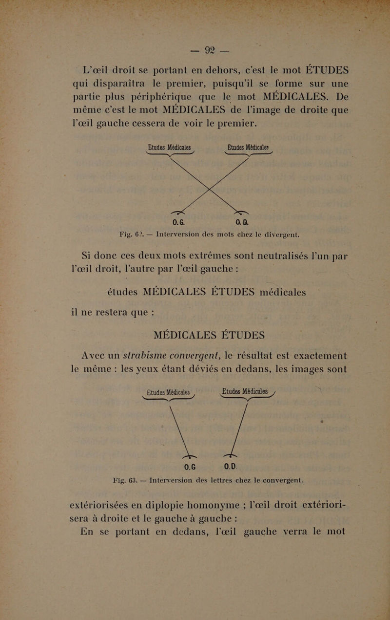 L’œil droit se portant en dehors, c'est le mot ÉTUDES qui disparaîtra le premier, puisqu'il se forme sur une partie plus périphérique que le mot MÉDICALES. De même c’est le mot MÉDICALES de l’image de droite que l'œil gauche cessera de voir le premier. Etudes Médicales Etudes Médicales HSE a LIRE FRERE 0. G. 0. 0. Fig. 62. — Interversion des mots chez le divergent. Si donc ces deux mots extrêmes sont neutralisés l'un par l'œil droit, l’autre par l'œil gauche : études MÉDICALES ÉTUDES medie lle il ne restera que : MÉDICALES ÉTUDES Avec un s{rabisme convergent, le résultat est exactement le même : les yeux étant déviés en dedans, les images sont is qu Fo Médicales Fig. 63. — Interversion des lettres chez le convergent. extériorisées en diplopie homonyme ; l'œil droit extériori- sera à droite et le gauche à gauche : En se portant en dedans, l'œil gauche verra le mot ue”