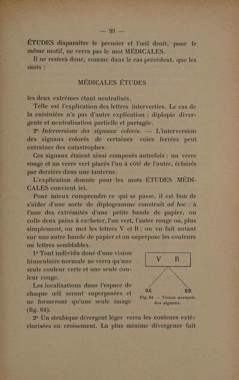 fon ee ÉTUDES disparaître le premier et l'œil droit, pour le même motif, ne verra pas le mot MÉDICALES. I ne restera donc, comme dans le cas précédent, que les mots : MÉDICALES ÉTUDES les deux extrêmes étant neutralisés. Telle est l'explication des lettres interverties. Le cas de la cuisinière n’a pas d'autre explication : diplopie diver- gente et neutralisation partielle et partagée. 2° Interversions des signaux colorés. — L’interversion des signaux colorés de certaines voies ferrées peut entrainer des catastrophes. Ces signaux étaient ainsi composés autrefois : un verre rouge et un verre vert placés l’un à côté de l’autre, éclairés par derrière dans une lanterne. L’explication donnée pour les mots ÉTUDES MÉDI- CALES convient ici. Pour mieux comprendre ce qui se passe, il est bon de s’aider d’une sorte de diplogramme construit ad hoc : à l’une des extrémités d’une petite bande de papier, on colle deux pains à cacheter, l’un vert, l’autre rouge ou, plus simplement, on met les lettres V et R; on en fait autant sur une autre bande de papier et on superpose les couleurs ou lettres semblables. 1° Tout individu doué d’une vision binoculaire normale ne verra qu'une seule couleur verte et une seule cou- leur rouge. Les localisations dans l’espace de chaque œil seront superposées et qe (y ap À Fig. 64. — Vision normale ne formeront qu’une seule image des signaux. (fig. 64). 20 Un strabique divergent léger verra les couleurs exté- riorisées en croisement. La plus minime divergence fait