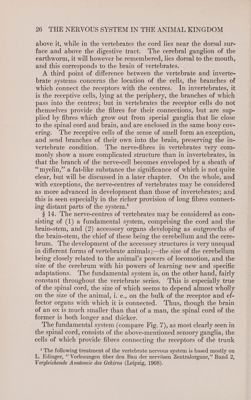 above it, while in the vertebrates the cord lies near the dorsal sur- face and above the digestive tract. The cerebral ganglion of the earthworm, it will however be remembered, lies dorsal to the mouth, and this corresponds to the brain of vertebrates. A third point of difference between the vertebrate and inverte- brate systems concerns the location of the cells, the branches of which connect the receptors with the centres. In invertebrates, it is the receptive cells, lying at the periphery, the branches of which pass into the centres; but in vertebrates the receptor cells do not themselves provide the fibres for their connections, but are sup- plied by fibres which grow out from special ganglia that lie close to the spinal cord and brain, and are enclosed in the same bony coy- ering. ‘The receptive cells of the sense of smell form an exception, and send branches of their own into the brain, preserving the in- vertebrate condition. ‘The nerve-fibres in vertebrates very com- monly show a more complicated structure than in invertebrates, in that the branch of the nerve-cell becomes enveloped by a sheath of “myelin,”’ a fat-like substance the significance of which is not quite clear, but will be discussed in a later chapter. On the whole, and with exceptions, the nerve-centres of vertebrates may be considered as more advanced in development than those of invertebrates; and this is seen especially in the richer provision of long fibres connect- ing distant parts of the system.’ § 14. The nerve-centres of vertebrates may be considered as con- sisting of (1) a fundamental system, comprising the cord and the brain-stem, and (2) accessory organs developing as outgrowths of the brain-stem, the chief of these being the cerebellum and the cere- brum. The development of the accessory structures is very unequal in different forms of vertebrate animals;—the size of the cerebellum being closely related to the animal’s powers of locomotion, and the size of the cerebrum with his powers of learning new and specific adaptations. ‘The fundamental system is, on the other hand, fairly constant throughout the vertebrate series. ‘This is especially true of the spinal cord, the size of which seems to depend almost wholly on the size of the animal, i. e., on the bulk of the receptor and ef- fector organs with which it is connected. Thus, though the brain of an ox is much smaller than that of a man, the spinal cord of the former is both longer and thicker. The fundamental system (compare Fig. 7), as most clearly seen in the spinal cord, consists of the above-mentioned sensory ganglia, the cells of which provide fibres connecting the receptors of thé trunk 1 The following treatment of the vertebrate nervous system is based mostly on L. Edinger, ‘‘ Vorlesungen iiber den Bau der nervésen Zentralorgane,’”’ Band 2, Vergleichende Anatomie des Gehirns (Leipzig, 1908).