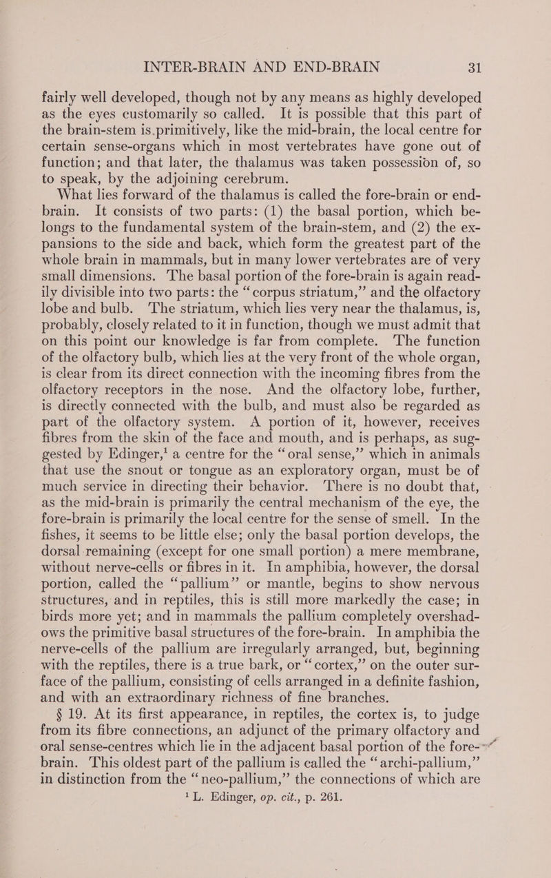 fairly well developed, though not by any means as highly developed as the eyes customarily so called. It is possible that this part of the brain-stem is.primitively, like the mid-brain, the local centre for certain sense-organs which in most vertebrates have gone out of function; and that later, the thalamus was taken possession of, so to speak, by the adjoining cerebrum. What lies forward of the thalamus is called the fore-brain or end- brain. It consists of two parts: (1) the basal portion, which be- longs to the fundamental system of the brain-stem, and (2) the ex- pansions to the side and back, which form the greatest part of the whole brain in mammals, but in many lower vertebrates are of very small dimensions. ‘The basal portion of the fore-brain is again read- ily divisible into two parts: the “corpus striatum,” and the olfactory lobe and bulb. The striatum, which lies very near the thalamus, is, probably, closely related to it in function, though we must admit that on this point our knowledge is far from complete. ‘The function of the olfactory bulb, which lies at the very front of the whole organ, is clear from its direct connection with the incoming fibres from the olfactory receptors in the nose. And the olfactory lobe, further, is directly connected with the bulb, and must also be regarded as part of the olfactory system. A portion of it, however, receives fibres from the skin of the face and mouth, and is perhaps, as sug- gested by Edinger,’ a centre for the “oral sense,” which in animals that use the snout or tongue as an exploratory organ, must be of much service in directing their behavior. ‘There is no doubt that, as the mid-brain is primarily the central mechanism of the eye, the fore-brain is primarily the local centre for the sense of smell. In the fishes, it seems to be little else; only the basal portion develops, the dorsal-remaining (except for one small portion) a mere membrane, without nerve-cells or fibres in it. In amphibia, however, the dorsal portion, called the “pallium” or mantle, begins to show nervous structures, and in reptiles, this is still more markedly the case; in birds more yet; and in mammals the pallium completely overshad- ows the primitive basal structures of the fore-brain. In amphibia the _nerve-cells of the pallium are irregularly arranged, but, beginning with the reptiles, there is a true bark, or “cortex,” on the outer sur- face of the pallium, consisting of cells arranged in a definite fashion, and with an extraordinary richness of fine branches. § 19. At its first appearance, in reptiles, the cortex is, to judge from its fibre connections, an adjunct of the primary olfactory and oral sense-centres which lie in the adjacent basal portion of the fore-»* brain. This oldest part of the pallium is called the “archi-pallium,” in distinction from the “neo-pallium,” the connections of which are 1L. Edinger, op. cit., p. 261.