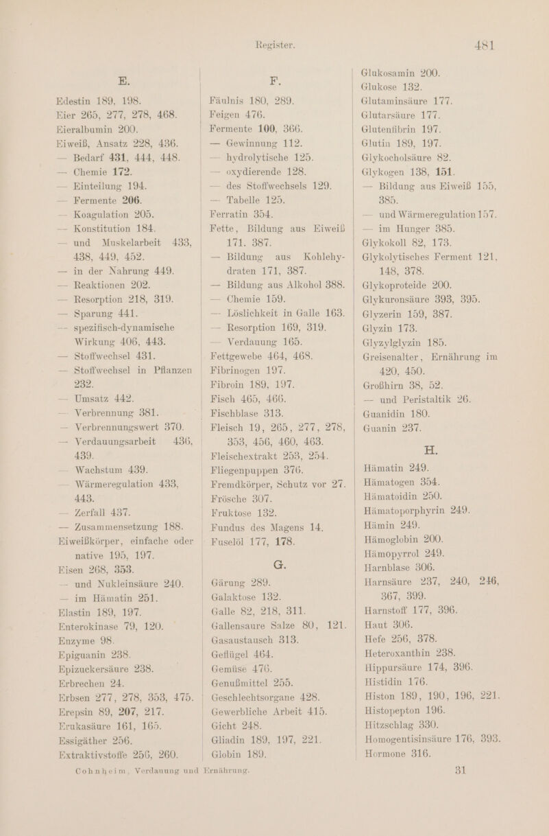 E. Edestin 189, 198. Eier 265, 277, 278, 468. Eieralbumin 200. Eiweiß, Ansatz 228, 456. — Bedarf 431, 444, 448. — Chemie 172. — Einteilung 194. — Fermente 206. — Koagulation 205. — Konstitution 184. — und Muskelarbeit 433, 438, 449, 452. — in der Nahrung 449. — Reaktionen 202. — Resorption 218, 319. — Sparung 441. -- spezifisch-dynamische Wirkung 406, 443. — Stoffwechsel 431. — Stoffwechsel in Pflanzen 232. — Umsatz 442. —- Verbrennung 381. — Verbrennungswert 370. — Verdauungsarbeit 436, 439. — Wachstum 439. — Wärmeregulation 439, 443. — Zerfall 437. — Zusammensetzung 188. Eiweißkörper, einfache oder native. 195, 197. Eisen 268, 353. -— und Nukleinsäure 240. — im Hämatin 351. Elastin 189, 197. Enterokinase 79, 120. Enzyme 98. Epiguanin 238. Epizuckersäure 238. Erbrechen 24. Erbsen 277, 278, 303, 475. Erepsin 89, 207, 21. Erukasäure 161, 169. Essigäther 256. Extraktivstoffe 256, 260. Fäulnis 180, 289. Feigen 476. — hydrolytische 125. — oxydierende 128. — des Stoffwechsels 129. — Tabelle 125. Fette, Bildung aus Eiweiß 1.1. 38%; — Bildung aus Kohlehy- draten. 171.387. — Bildung aus Alkohol 388. — Chemie 159. —- Löslichkeit in Galle 163. — Resorption 169, 319. — Verdauung 165. Fettgewebe 464, 468. Fisch 465, 466. Fischblase 313. Fleisch 19, 265, 277, 278, 353, 456, 460, 463. | Frösche 307. Fruktose 132. Fundus des Magens 14. G. Gärung 289. Galaktose 132. Gallensaure Salze 80, 121. Gasaustausch 313. Geflügel 464. Genußmittel 255. Geschlechtsorgane 428. Gewerbliche Arbeit 415. Gicht 248. Gliadin 189, 197, 221. Globin 189. 481 Glukosamin 200. Glukose 132. Glutaminsäure 177. Glutarsäure 177. Glutenfibrin 197. Glutin 189, 197. Glykocholsäure 82. Glykogen 138, 151. — Bildung aus Eiweiß 155, 3855. — und Wärmeregulation 157. — im Hunger 385. Glykokoll 82, 173. Glykolytisches Ferment 121, 148, 378. Glykoproteide 200. Glykuronsäure 393, 39. Glyzerin 159, 387. Glyzin 173. Glyzylglyzin 185. Greisenalter, Ernährung im 420, 450. Großhirn 38, 52. — und Peristaltik 26. Guanidin 180. Guanin 237. H. Hämatin 249. Hämatogen 354. Hämatoidin 250. Hämatoporphyrin 249. Hämin 249. Hämoglobin 200. Hämopyrrol 249. Harnblase 306. Harnsäure 237, 240, 246, 367, 399. Harnstoff 177, 396. Haut 306. Hefe 256, 378. Heteroxanthin 238. Hippursäure 174, 396. Histidin 176. Histon 189,190, 196, 221: Histopepton 196. Hitzschlag 330. Homogentisinsäure 176, 393.