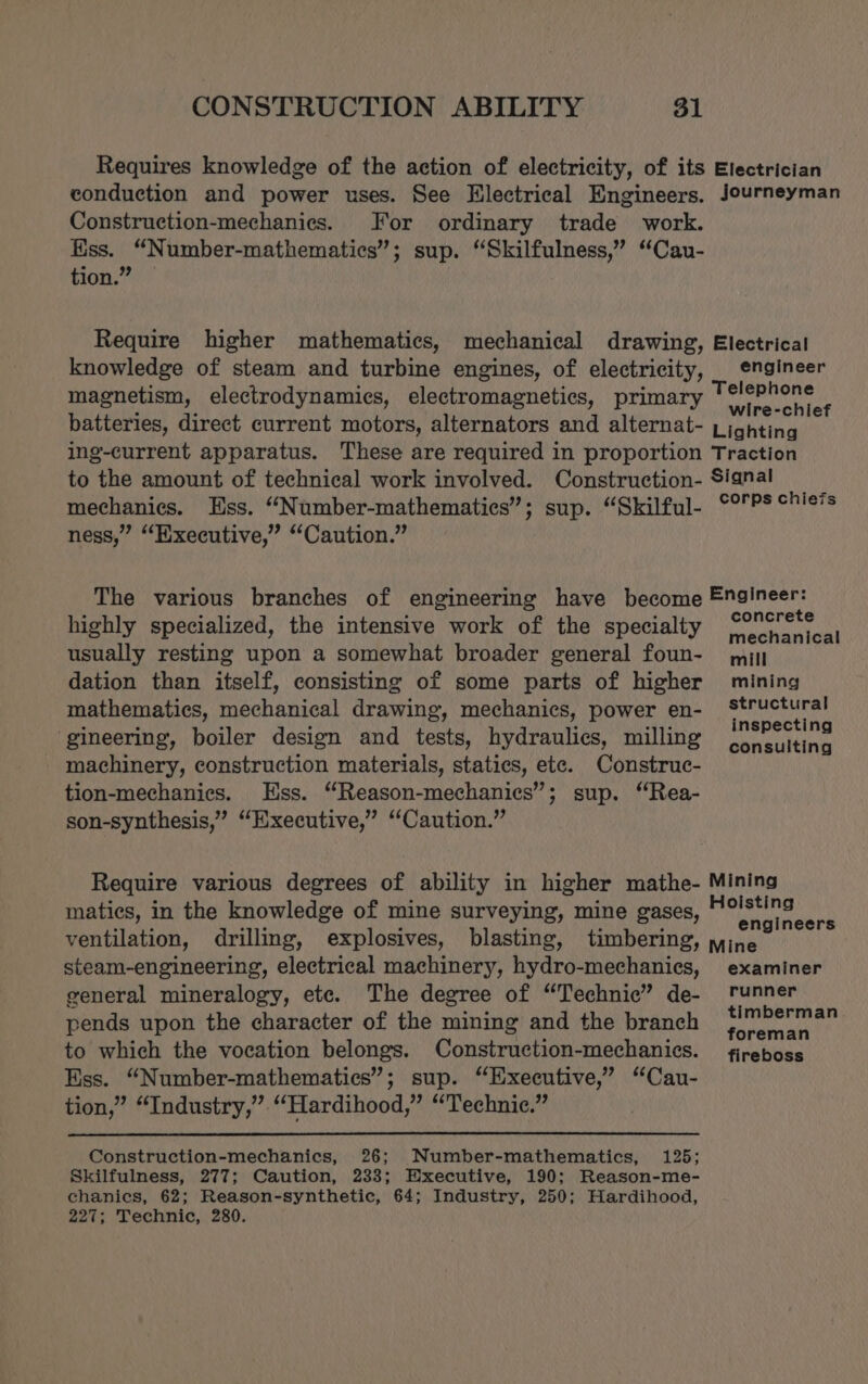 conduction and power uses. See Electrical Engineers. Construction-mechanies. For ordinary trade work. Ess. “Number-mathematics”; sup. “Skilfulness,” “Cau- tion.” Require higher mathematics, knowledge of steam and turbine engines, of electricity, magnetism, electrodynamics, electromagnetics, primary engineer wire-chief mechanics. Ess. “Number-mathematics”; sup. “Skilful- ness,” “Executive,” “Caution.” The various branches of engineering have become highly specialized, the intensive work of the specialty usually resting upon a somewhat broader general foun- dation than itself, consisting of some parts of higher mathematics, mechanical drawing, mechanics, power en- ‘gineering, boiler design and tests, hydraulics, milling machinery, construction materials, statics, ete. Construc- tion-mechanices. Ess. “Reason-mechanics”; sup. “Rea- son-synthesis,” “Executive,” “Caution.” concrete mechanical mill mining structural inspecting consulting matics, in the knowledge of mine surveying, mine gases, ventilation, drilling, explosives, blasting, timbering, steam-engineering, electrical machinery, hydro-mechanies, general mineralogy, etc. The degree of “Technic” de- pends upon the character of the mining and the branch to which the vocation belongs. Construction-mechanics. Ess. “Number-mathematics”; sup. “Executive,” “Cau- tion,” “Industry,” “Hardihood,” “Technic.” Construction-mechanics, 26; Number-mathematics, 125; Skilfulness, 277; Caution, 233; Executive, 190; Reason-me- chanics, 62; Reason-synthetic, 64; Industry, 250; Hardihood, 227; Technic, 280. engineers examiner runner timberman foreman fireboss