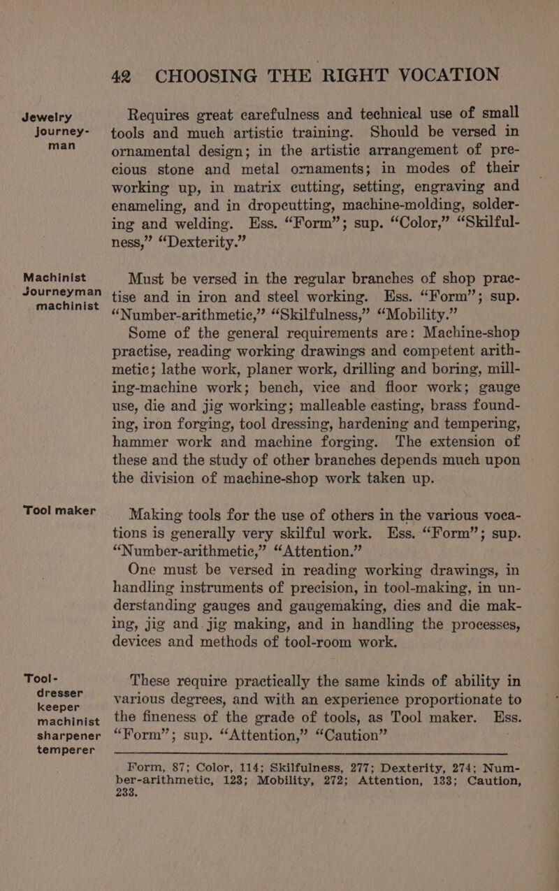 Jewelry journey- man Machinist machinist Tool maker Tool- dresser keeper machinist sharpener temperer 42 CHOOSING THE RIGHT VOCATION Requires great carefulness and technical use of small tools and much artistic training. Should be versed in ornamental design; in the artistic arrangement of pre- cious stone and metal ornaments; in modes of their working up, in matrix cutting, setting, engraving and enameling, and in dropeutting, machine-molding, solder- ing and welding. Ess. “Form”; sup. “Color,” “Skilful- ness,” “Dexterity.” Must be versed in the regular branches of shop prac- tise and in iron and steel working. Ess. “Form’’; sup. “Number-arithmetic,” “Skilfulness,” “Mobility.” Some of the general requirements are: Machine-shop practise, reading working drawings and competent arith- metic; lathe work, planer work, drilling and boring, mill- ing-machine work; bench, vice and fioor work; gauge use, die and jig working; malleable casting, brass found- ing, iron forging, tool dressing, hardening and tempering, hammer work and machine forging. The extension of these and the study of other branches depends much upon the division of machine-shop work taken up. Making tools for the use of others in the various voca- tions is generally very skilful work. Ess. “Form”; sup. “Number-arithmetic,” “Attention.” One must be versed in reading working drawings, in handling instruments of precision, in tool-making, in un- derstanding gauges and gaugemaking, dies and die mak- ing, jig and. jig making, and in handling the processes, devices and methods of tool-room work. These require practically the same kinds of ability in various degrees, and with an experience proportionate to the fineness of the grade of tools, as Tool maker. Ess. “Form”; sup. “Attention,” “Caution” | Form, 87; Color, 114; Skilfulness, 277; Dexterity, 274; Num- ber-arithmetic, 128; Mobility, 272; Attention, 133; Caution, pati f