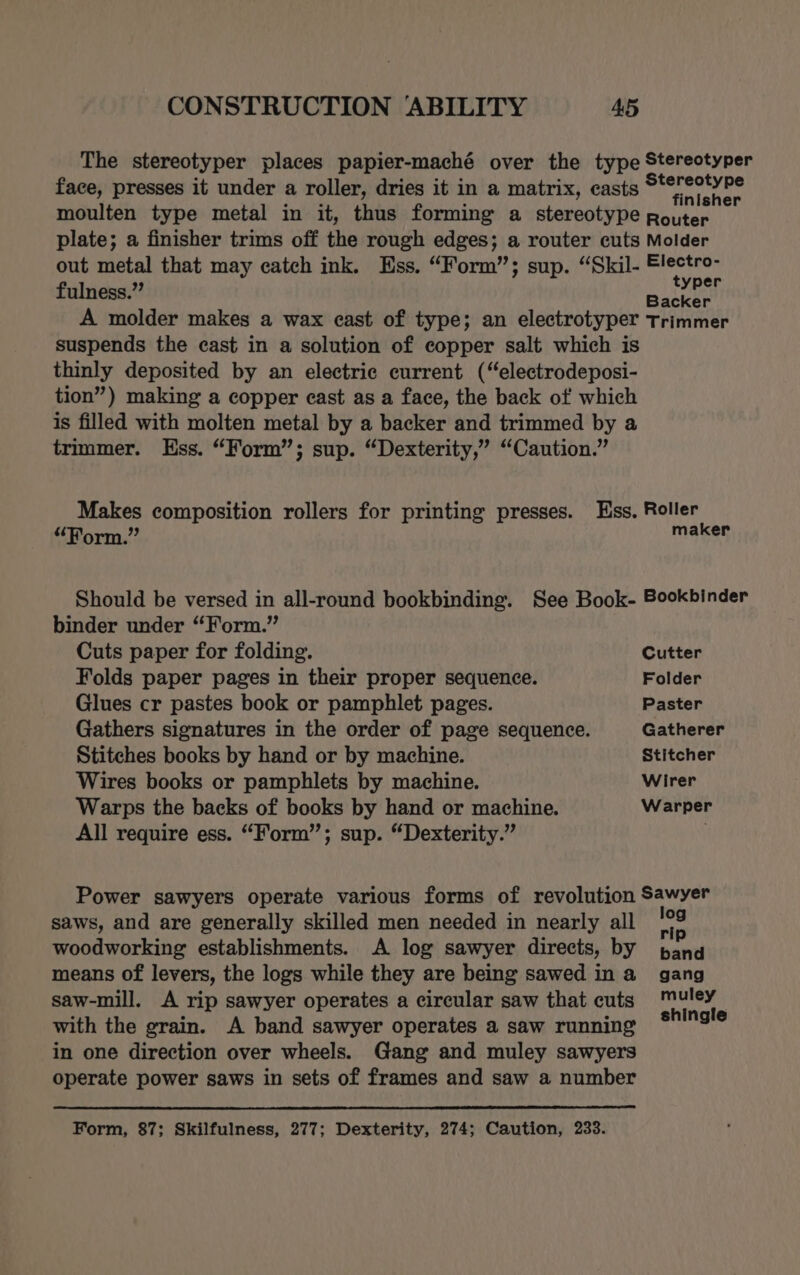 The stereotyper places papier-maché over the type Stereotyper face, presses it under a roller, dries it in a matrix, casts Braet ne inisher moulten type metal in it, thus forming a stereotype router plate; a finisher trims off the rough edges; a router cuts Molder out metal that may catch ink. Ess. “Form”; sup. “Skil- Electro- fulness.” eAinit Backer A molder makes a wax east of type; an electrotyper Trimmer suspends the cast in a solution of copper salt which is thinly deposited by an electric current (“electrodeposi- tion”) making a copper cast as a face, the back of which is filled with molten metal by a backer and trimmed by a trimmer. Ess. “Form”; sup. “Dexterity,” “Caution.” Makes composition rollers for printing presses. Ess, Roller “orm.” maker Should be versed in all-round bookbinding. See Book- Bookbinder binder under “Form.” Cuts paper for folding. Cutter Folds paper pages in their proper sequence. Folder Glues cr pastes book or pamphlet pages. Paster Gathers signatures in the order of page sequence. Gatherer Stitches books by hand or by machine. Stitcher Wires books or pamphlets by machine. Wirer Warps the backs of books by hand or machine. Warper All require ess. “Form”; sup. “Dexterity.” Power sawyers operate various forms of revolution Sawyer saws, and are generally skilled men needed in nearly all fe woodworking establishments. A log sawyer directs, by bang means of levers, the logs while they are being sawed ina gang saw-mill. A rip sawyer operates a circular saw that cuts Muley with the grain. A band sawyer operates a saw running *!ng!e in one direction over wheels. Gang and muley sawyers operate power saws in sets of frames and saw a number Form, 87; Skilfulness, 277; Dexterity, 274; Caution, 233.