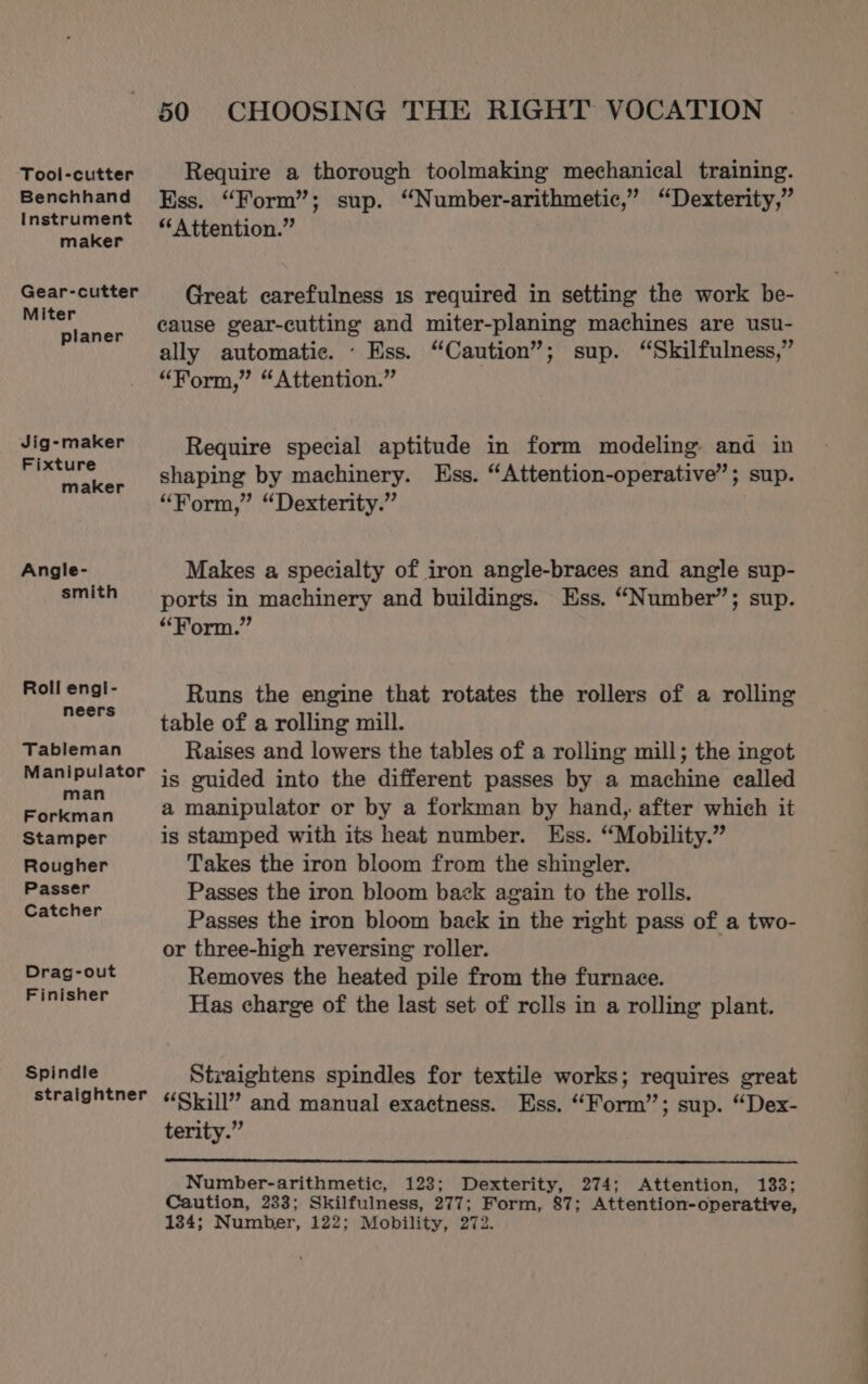 Tool-cutter Benchhand Instrument maker Gear-cutter Miter planer Jig-maker Fixture maker Angle- smith Roll engi- neers Tableman Manipulator man Forkman Stamper Rougher Passer Catcher Drag-out Finisher Spindle straightner 50 CHOOSING THE RIGHT VOCATION Require a thorough toolmaking mechanical training. Ess. “Form”; sup. “Number-arithmetic,” “Dexterity,” “Attention.” Great carefulness 1s required in setting the work be- cause gear-cutting and miter-planing machines are usu- ally automatic. - Ess. “Caution”; sup. “Skilfulness,” “Form,” “Attention.” Require special aptitude in form modeling and in shaping by machinery. Ess. “Attention-operative”; sup. “Form,” “Dexterity.” Makes a specialty of iron angle-braces and angle sup- ports in machinery and buildings. Ess. “Number”; sup. “Form.” Runs the engine that rotates the rollers of a rolling table of a rolling mill. Raises and lowers the tables of a rolling mill; the ingot is guided into the different passes by a machine called a manipulator or by a forkman by hand, after which it is stamped with its heat number. Ess. “Mobility.” Takes the iron bloom from the shingler. Passes the iron bloom back again to the rolls. Passes the iron bloom back in the right pass of a two- or three-high reversing roller. Removes the heated pile from the furnace. Has charge of the last set of rells in a rolling plant. Strvaightens spindles for textile works; requires great “Skill” and manual exactness. Ess. “Form”; sup. “Dex- terity.” Number-arithmetic, 123; Dexterity, 274; Attention, 133; Caution, 233; Skilfulness, 277; Form, 87; Attention-operative, 134; Number, 122; Mobility, 272.