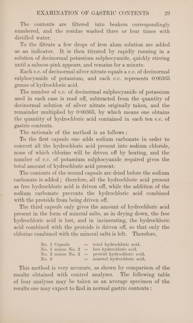 The contents are filtered into beakers correspondingly numbered, and the residue washed three or four times with distilled water. To the filtrate a few drops of iron alum solution are added as an indicator. It is then titrated by rapidly running in a solution of decinormal potassium sulphocyanide, quickly stirring until a salmon-pink appears, and remains for a minute. Hach c.c. of decinormal silver nitrate equals a c.c. of decinormal sulphocyanide of potassium, and each c.c. represents 0:00365 grams of hydrochloric acid. The number of c.c. of decinormal sulphocyanide of potassium used in each case is read off, subtracted from the quantity of decinormal solution of silver nitrate originally taken, and the remainder multiphed by 0:00365, by which means one obtains the quantity of hydrochloric acid contained in each ten c.c. of gastric contents. The rationale of the method is as follows : To the first capsule one adds sodium carbonate in nee to convert all the hydrochloric acid present into sodium chloride, none of which chlorine will be driven off by heating, and the number of c.c. of potassium sulphocyanide required gives the total amount of hydrochloric acid present. The contents of the second capsule are dried before the sodium carbonate is added; therefore, all the hydrochloric acid present as free hydrochloric acid is driven off, while the addition of the sodium carbonate prevents the hydrochloric acid combined with the proteids from being driven off. The third capsule only gives the amount of hydrochloric acid present in the form of mineral salts, as in drying down, the free hydrochloric acid is lost, and in incinerating, the hydrochloric acid combined with the proteids is driven off, so that only the chlorine combined with the mineral salts is left. Therefore, | total hydrochloric acid. free hydrochloric acid. proteid hydrochloric acid. mineral hydrochloric acid. No. 1 Capsule No. 1 minus No. 2 No. 2 nimus No. 3 Nor 3 Il ll I This method is very accurate, as shown by comparison of the results obtained with control analyses. The following table of four analyses may be taken as an average specimen of the results one may expect to find in normal gastric contents :