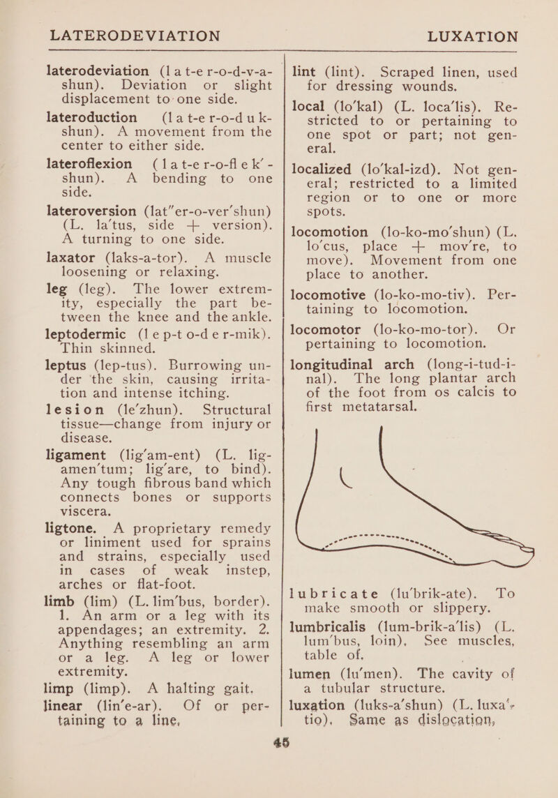 LATERODEVIATION LUXATION shun). Deviation or slight displacement to’one side. lateroduction (lat-er-o-duk- shun). A movement from the center to either side. lateroflexion (lat-er-o-flek’ - shun). A _ bending to one side. lateroversion (lat”er-o-ver’shun) (L. fatus, side -- version). A turning to one side. laxator (laks-a-tor). A muscle loosening or relaxing. leg (leg). The lower extrem- ity, especially the part be- tween the knee and the ankle. leptodermic (Ie p-t o-de r-mik). Thin skinned. leptus (lep-tus). Burrowing un- der the skin, causing irrita- tion and intense itching. lesion (le’zhun). Structural tissue—change from injury or disease. ligament (lig’am-ent) (L. lig- amen’tum; lig’are, to bind). Any tough fibrous band which connects bones or supports viscera. ligtone. A proprietary remedy or liniment used for sprains and strains, especially used in cases of weak instep, arches or flat-foot. limb (lim) (L.lim’bus, border). An arm or a leg with its appendages; an extremity. 2. Anything resembling an arm or a lee. A leg or lower extremity. limp (limp). linear (lin’e-ar). taining to a line, A halting gait. Of or per- lint (lint). Scraped linen, used for dressing wounds. local (lo’kal) (L. loca’lis). Re- stricted to or pertaining to one spot or part; not gen- eral. localized (lo’kal-izd). Not gen- eral; restricted to a limited region or to one or more spots. locomotion (lo-ko-mo’shun) (L. lo’cus, place + move, to move). Movement from one place to another. locomotive (lo-ko-mo-tiv). Per- taining to locomotion. locomotor (lo-ko-mo-tor). Or pertaining to locomotion. longitudinal arch (long-i-tud-i- nal). The long plantar arch wcerece eee Se, = - = ea bat ee ce. . lubricate (liu’brik-ate). To make smooth or slippery. lumbricalis (lum-brik-a’lis) (L. lum’bus, loin), See muscles, table of, lumen (lu’men). The cavity of a tubular structure. luxation (luks-a’shun) (L. luxa’- tio), Same as dislocation,