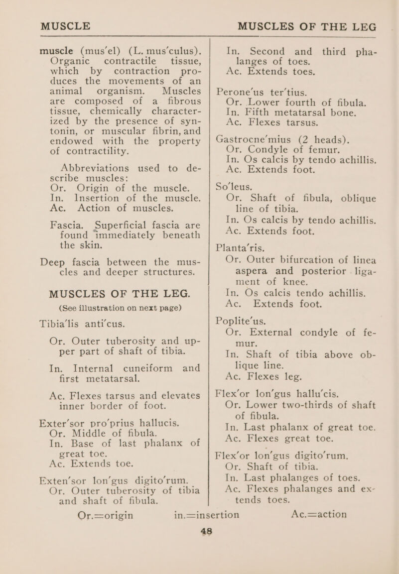 muscle (mus’el) (L. mus‘culus). Organic contractile tissue, which by contraction pro- duces the movements of an animal organism. Muscles are composed of a fibrous tissue, chemically character- ized by the presence of syn- tonin, or muscular fibrin, and endowed with the property of contractility. Abbreviations used to de- scribe muscles: Or. Origin of the muscle. In. Insertion of the muscle. Ac. Action of muscles. Fascia. Superficial fascia are found immediately beneath the skin. Deep fascia between the mus- cles and deeper structures. MUSCLES OF THE LEG. (See illustration on next page) Tibia’lis anti’cus. Or. Outer tuberosity and up- per part of shaft of tibia. In. Internal cuneiform and first metatarsal. Ac. Flexes tarsus and elevates inner border of foot. Exter’sor pro’prius hallucis. Or. Middle of fibula. In. Base of last phalanx of great toe. Ac. Extends toe. Exten’sor lon’gus digito’rum. Or. Outer tuberosity of tibia and shaft of fibula. In. Second and langes of toes. Ac. Extends toes. third pha- Perone’us ter’tius. Or. Lower fourth of fibula. In. Fifth metatarsal bone. Ac. Flexes tarsus. Gastrocne’mius (2 heads). Or. Condyle of femur. In. Os calcis by tendo achillis. Ac. Extends foot. Soleus. Or. Shaft of fibula, oblique line of tibia. In. Os calcis by tendo achillis. Ac. Extends foot. Planta’ris. Or. Outer bifurcation of linea aspera and posterior | liga- ment of knee. In. Os calcis tendo achillis. Ac. Extends foot. Poplite’us. Or. External condyle of fe- mur. In. Shaft of tibia above ob- lique line. Ac. Flexes leg. Flex’or lon’gus hallu’cis. Or. Lower two-thirds of shaft of fibula. In. Last phalanx of great toe. Ac. Flexes great toe. Flex’or lon’gus digito’rum. Or. Shaft of tibia. In. Last phalanges of toes. Ac. Flexes phalanges and ex- tends toes.