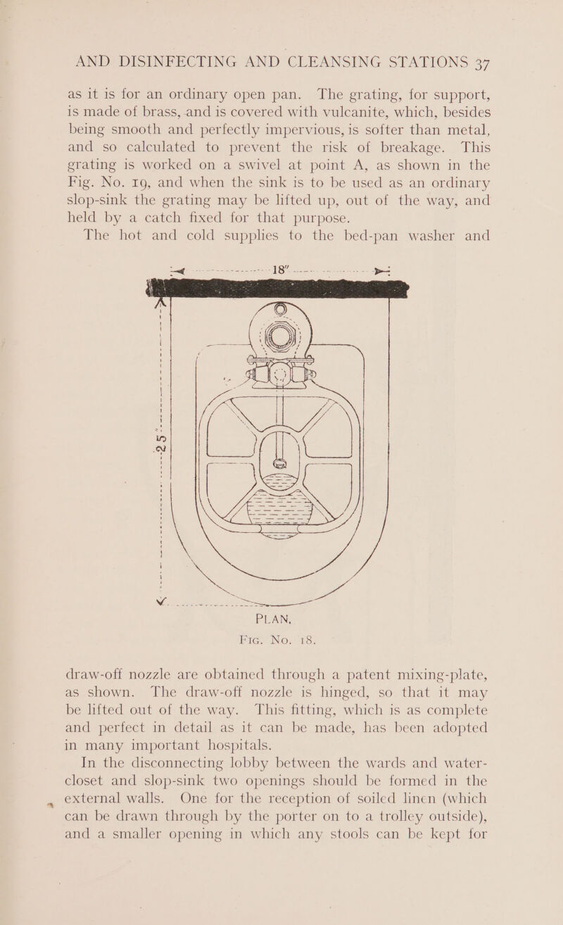 as it is for an ordinary open pan. The grating, for support, is made of brass, and is covered with vulcanite, which, besides being smooth and perfectly impervious, is softer than metal, and so calculated to prevent the risk of breakage. This erating is worked on a swivel at point A, as shown in the Fig. No. 19, and when the sink is to be used as an ordinary slop-sink the grating may be lifted up, out of the way, and held by a catch fixed for that purpose. The hot and cold supplies to the bed-pan washer and PLAN, Pié, NO. 18: draw-off nozzle are obtained through a patent mixing-plate, as shown. The draw-off nozzle is hinged, so that it may be lifted out of the way. This fitting, which is as complete and perfect in detail as it can be made, has been adopted in many important hospitals. In the disconnecting lobby between the wards and water- closet and slop-sink two openings should be formed in the external walls. One for the reception of soiled linen (which can be drawn through by the porter on to a trolley outside), and a smaller opening in which any stools can be kept for