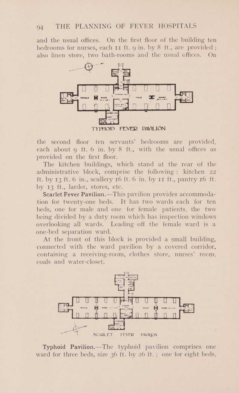 and the usual offices. On the first floor of the building ten bedrooms for nurses, each 11 ft. g in. by 8 ft., are provided ; also linen store, two bath-rooms and the usual offices. On the second floor ten servants’ bedrooms are provided, each about O° it. 6 im. by S$ Sts with the usual “ofiees “as provided on the first floor. The kitchen buildings, which stand at the rear of the administrative block, comprise the following: kitchen 22 ft./ by 13 it o-1ms, soullery 16 1176 Mie by 111, pantry 16 ir, by 13 it; Jarder, “stores; euc: Scarlet Fever Pavilion.—This pavilion provides accommoda- tion for twenty-one beds. It has two wards each for ten beds, one for male and one for female patients, the two being divided by a duty room which has inspection windows overlooking all wards. Leading off the female ward is a one-bed separation ward. At the front of this block is provided a small building, connected with the ward pavilion by a covered corridor, containing a receiving-room, clothes store, nurses’ room, coals and water-closet. of ma “kay VY] y a as Bp 105 t  tt ~ » es Wa amt FeMALE ry | (WARO maces tere Se ey MALE ee WARD na ‘ q x t Picea ee eee eo ae ee ae 2 se eet | | i : i me Ng as Hs Sag Sass: jlo ss ptoabehe » semasnon fF SCARLET FEVER PAVILION Typhoid Pavilion.—The typhoid pavilion comprises one ward for three beds, size 36 ft. by 26 ft.; one for eight beds, =5 ATH