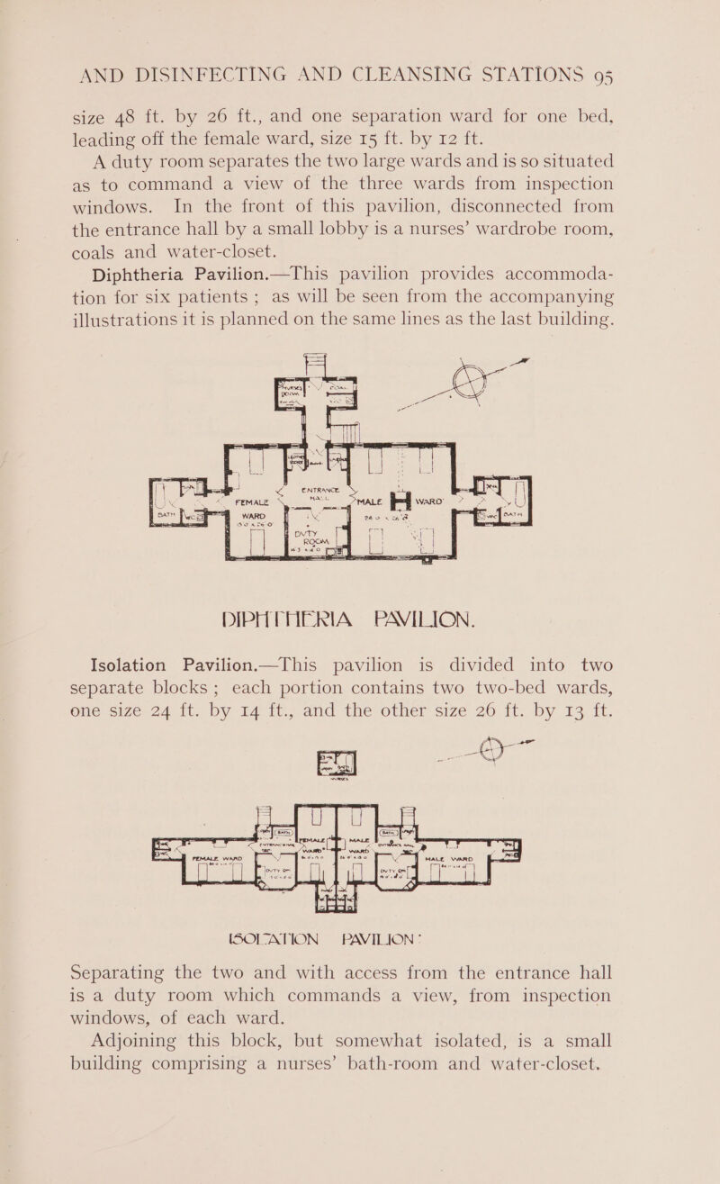 size 48 ft. by 26 ft., and one separation ward for one bed, leading off the female ward, size 15 ft. by 12 ft. A duty room separates the two large wards and is so situated as to command a view of the three wards from inspection windows. In the front of this pavilion, disconnected from the entrance hall by a small lobby is a nurses’ wardrobe room, coals and water-closet. Diphtheria Pavilion.—This pavilion provides accommoda- tion for six patients ; as will be seen from the accompanying illustrations 1t is planned on the same lines as the last building. DIPHTHERIA PAVILION. Isolation Pavilion.—This pavilion is divided into two separate blocks ; each portion contains two two-bed wards, ene size. 24 ft. Dy Ef it... dud the other-size 26 ft. by 13 ft. Separating the two and with access from the entrance hall is a duty room which commands a view, from inspection windows, of each ward. Adjoining this block, but somewhat isolated, is a small building comprising a nurses’ bath-room and water-closet.
