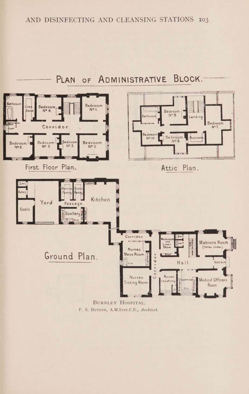 PLAN of ADMINISTRATIVE BLOCK.~——— =-@ Matvons Room {ik 3 (Cellar Under) 3 Corridor Medical Officers Room im Sitting Room BURNLEY HOSPITAL. F. S. Button, A.M.Inst.C.E., Architect.