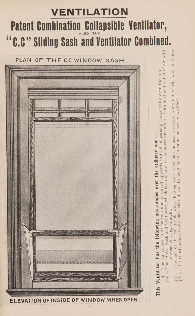 VENTILATION Patent Comb “6.6” Sliding Sash and Vent llator ible Vent ALSO THE lon Collaps nat t=) _— Gp “Us ue fo jayNO pure } gesnine doi 94} IdAO0 5 aes Py —— 4 Comune! Ccnsead c—) Cod : ahead a =3 amas ‘ae CC WINDOW SASH PLAN OF THE Ape JUOZIIOL loye | su ¢ os Url Ou we IU NV ‘ q woronsysu0s ey [— 4 @ Ul Soulos 1B OU 45! ELEVATION OF INSIDE OF WINDOW WHEN OPEN