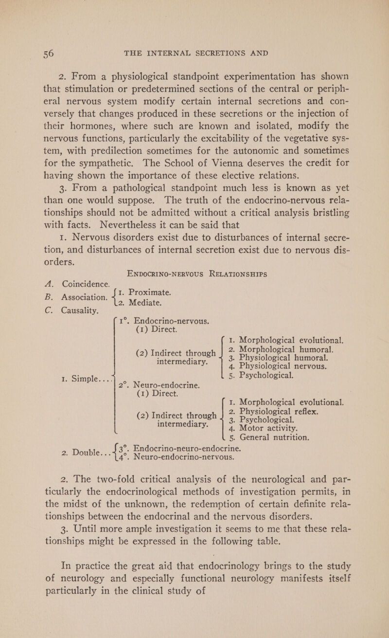 2. From a physiological standpoint experimentation has shown that stimulation or predetermined sections of the central or periph- eral nervous system modify certain internal secretions and con- versely that changes produced in these secretions or the injection of their hormones, where such are known and isolated, modify the nervous functions, particularly the excitability of the vegetative sys- tem, with predilection sometimes for the autonomic and sometimes for the sympathetic. The School of Vienna deserves the credit for having shown the importance of these elective relations. 3. From a pathological standpoint much less is known as yet than one would suppose. The truth of the endocrino-nervous rela- tionships should not be admitted without a critical analysis bristling with facts. Nevertheless it can be said that 1. Nervous disorders exist due to disturbances of internal secre- tion, and disturbances of internal secretion exist due to nervous dis- orders. ENDOCRINO-NERVOUS RELATIONSHIPS A, Coincidence. 1. Proximate. B. Association. : Sa aah aH 2. Mediate. C. Causality. cs) 1°, Endocrino-nervous. (1) Direct. ; 1. Morphological evolutional. . 2. Morphological humoral. (2) nee neh 3. Physiological humoral. y. 4. Physiological nervous. re ha 5. Psychological. 2°. Neuro-endocrine. (1) Direct. 1. Morphological evolutional. 2. Physiological reflex. 3. Psychological. 4. Motor activity. 5. General nutrition. Dole . Endocrino-neuro-endocrine. *** L4°,. Neuro-endocrino-nervous. (2) Indirect through intermediary. 2. The two-fold critical analysis of the neurological and par- ticularly the endocrinological methods of investigation permits, in the midst of the unknown, the redemption of certain definite rela- tionships between the endocrinal and the nervous disorders. 3. Until more ample investigation it seems to me that these rela- tionships might be expressed in the following table. In practice the great aid that endocrinology brings to the study of neurology and especially functional neurology manifests itself particularly in the clinical study of