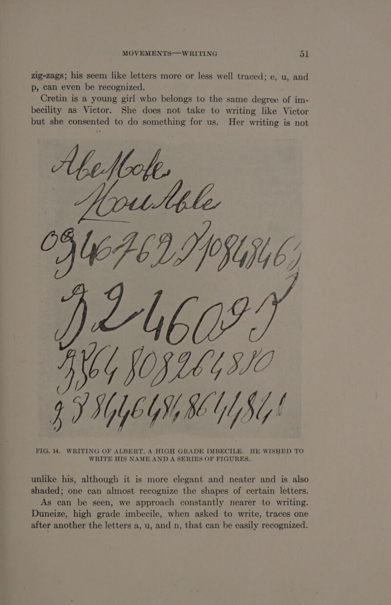 zig-zags; his seem like letters more or less well traced; e, u, and p, can even be recognized. Cretin is a young girl who belongs to the same degree of im- becility as Victor. She does not take to writing like Victor but she consented to do something for us. Her writing is not AGW. BG JO 5/0 TA TV FIG. 14. WRITING OF ALBERT, A HIGH GRADE IMBECILE. HE WISHED TO WRITE HIS NAME AND A SERIES OF FIGURES. unlike his, although it is more elegant and neater and is also shaded; one can almost recognize the shapes of certain letters. As can be seen, we approach constantly nearer to writing. Duneize, high grade imbecile, when asked to write, traces one after another the letters a, u, and n, that can be easily recognized.