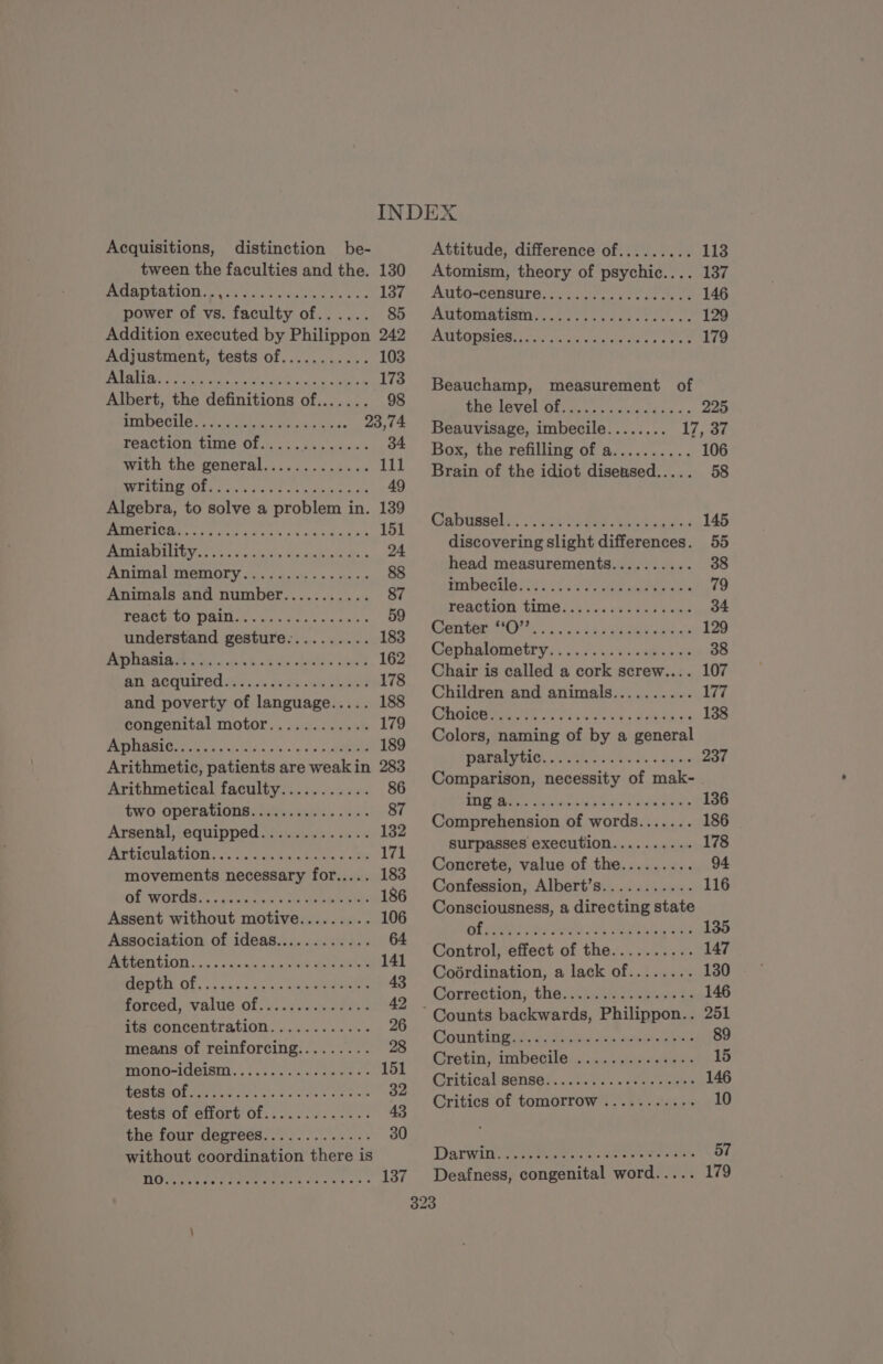 Acquisitions, distinction be- tween the faculties and the. 130 ME IURIIOTE Fok Sok ha kan eeu ec 137 power of vs. faculty of...... 85 Addition executed by Philippon 242 Adjustment, tests of........... 103 PARLE Toi nek Ve Per alt at cee, elie Albert, the definitions of....... 98 CAN AIN VEN D RP OR DANS RE 23,74 reaction time Of............-+ 34 with the general............. 111 PR EL FT SOMME EEE 49 Algebra, to solve a problem in. 139 MORE Ua Den case Lae 151 PERMIT UNS Ci © «sn Vy due à 24 Animal memory............... 88 Animals and number........... 87 TEAGUE DA eue aide 59 understand gesture.......... 183 PT Asia ash 28 Oo Le aa 162 Bi acquirod-s.2. code os Ca 178 and poverty of language..... 188 congenital motor............ 179 PAE a dote n «+ à deine 189 Arithmetic, patients are weakin 283 Arithmetical faculty........... 86 two operations.::............ 87 Arsenal, equipped............. 132 ATTICUIOTION) xc an can a a 171 movements necessary for..... 183 of VOS su cc IN depen 186 Assent without motive......... 106 Association of ideas...... 64 MOPBDTLON san ae Me tee 141 ODE OF, nsc ce eee ee 43 forced, value Of Fae 42 its concentration............ 26 means of reinforcing......... 28 MOTO LOBISIN. 62. cece cena ee ee 151 ORDO att cer cd sae aia wate, viet 32 tonne Orrenory Of... foes. ee. 43 the four degrees............. 30 without coordination there is WOW ANR den de » 137 Attitude, difference of......... 113 Atomism, theory of psychic.... 137 AULOACONSUTE Set direc vee ln et 146 AUPOMIAUBIN cess tere tes che 129 AUTORISE dr Aer ie 179 Beauchamp, measurement of GG POV OG sere sailed aaa» 225 Beauvisage, imbecile........ 17, 3% Box, the refilling of a.......... 106 Brain of the idiot diseused..... 58 (Ce iimisebys Te MINT tae vad. 145 discovering slight differences. 55 head measurements.......... 38 HAbebile: 0e: LEP es cae a 79 rendtioh times. ses ss Svcs bene 34 Cent NO ay a. se haa ale meen as 129 Gephalometrys. i. Jf... ceases as 38 Chair is called a cork screw.... 107 Children and animals.......... 177 CROIRE A ELU ES : AIRS 138 Colors, naming of by a general TUT OLC: Te ROSS à uses 237 Comparison, necessity of mak- TMA EN dy cee re 136 Comprehension of words....... 186 surpasses execution.......... 178 Concrete, value of the......... 94 Confession, Albert’s........... 116 Consciousness, a directing state WT NS COs cd OR aa how eee 135 Control, effect of the.......... 147 Coürdination, a lack of........ 130 Corrections. thie, ET the 146 ‘ Counts backwards, Philippon.. 251 Count 6 Me in ve eee 89 Crotinrimbecties ist 15 Gritionl Mensa. tenes wate «le 146 Critics of tomorrow ........... 10 Darwin. RTE 57 Deafness, congenital word..... 179