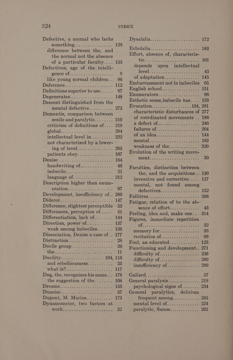 Defective, a normal who lacks Dysalalia AT eee see ee 172 SOON Ay kA REA Re 128 : Echolaliag fi. seo Te 183 difference between the, and L Cher neil DNS en OT SEE Effort, absence of, characteris- hed of a particular faculty.... 133 d D UN ent Wiad y Ei le Me 1 Defectives, age of the intelli- a | bet pan RE RULES 13 PE Ps EE 9 VOL ER S Date MU ON SRE He AUDE PAS ETAT of adaptation... DRE ce 145 Datarante 112 Embarrassment not in imbeciles 65 Definitions superior to use...... 97 pices aes “es ene) Rae ie Devenerates es ete 148 A Te D CCI ok LRO ENT 79 ve D Dement distinguished from the NS sense,imbecile has 134 a mental defective........... 278 Mi quasi belies UE UNE > : Dementis, comparison between TRE Mirror of ae senile and paralytic........ 310 d % ; ; NT it 246 criticism of definitions of.... 219 eue ect Of.................... global isk een 294 FAUUTORIOLS Tay che. sae nes 264 intellectual level in.......... 222 of an due Aer a not characterized by a lower- IDÉMEALE TRE PT ER ET ES ing of level 295 weakness of the.............. 320 AU ol ae DRE TR bes 107 Evolution of the writing move- A Denise 3). tte ee ee 164 MENG. ein oe nee handwr iting of............... 46 Faculties, distinction between imbecile. EEE Nr SENS 21 the, and the acquisitions. . 130 language of. aT UR ame 212 inventive and corrective..... 127 Description higher than enum- mental, not found among eration........... ORALE 97 defectiveBlu At LaLa eee 132 Development, insufficiency of.. 289 pallières....................... 266 Diderot RAY DE 147 Fatigue, relation of to the ab- Difference, slightest perceptible 53 Sauce Dé ator uk NRA 43 Differences, perception Of si eh Van Feeling, idea and, make one... 314 Differentiation, F4 aies ANNE 144 Figures, immediate repetition Direction, power of............ 137 Of. eee TS AMIE 32 weak among imbeciles....... 136 memory fords eye 20 Meas 39 Dissociation, Denise a case of.. 177 fecitation. Gf jv sole 2 UE 89 Distraction fe OP GT nee 28 Fool, an educated............. 125 DOGLG ETOUD. LE ee es oe 20 Functioning and development.. 271 the. Rtg PQ À age Coa 11 difficulty, of.11,22 40/0800 236 Docility CN EEE Er 104, 116 difficulty Of LL, RER Bee 260 and rebelliousness........... 23 insufficiency of.............. 289 what ists Sel ANRT as 117 Dog, the, recognizes his name... 178 Galiard........................ 37 the suggestion of the........ 108 General paralysis.............. 219 Dreams; is sx ee ee 135 psychological signs of........ 234 Duneise::: 00e ae 37 General paralytics, delirium Dupont, M: Marius... 24% 173 frequent among............ 265 Dynamometer, two factors at mental devel :0f..3.... 44m 224 WORK AA la eee nes 32 paralytic, Samse;...¢.. 5.9.0 262
