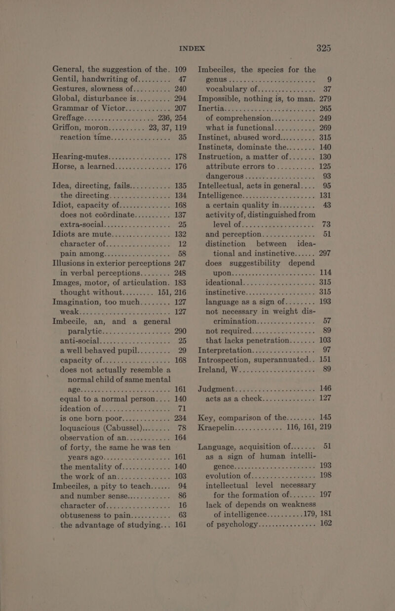 General, the suggestion of the. 109 Gentil, handwriting of......... 47 Gestures, slowness of.......... 240 Global, disturbance is......... 294 Grammariot Victor 207 Greflagecrats CURE Le 236, 254 Griffon, Mbron ent 22% 23, 37, 119 redotion time: 342028 sae 35 Hearing-mutes................. 178 Hôrse, à: learned se 176 Idea, directing, fails........... 135 theidirecting: 1.2 mue su 134 Taiot, capacity offvsiae ne 168 does not coürdinate.......... 137 PTE SOCIALE PES pute à LY 25 Edioisare muted. fre /s 132 elaracter.of 01... ES came es 12 PAIN ADO ENTER Fe OB Illusions in exterior perceptions 247 in verbal perceptions........ 248 Images, motor, of articulation. 183 thought without......... 151, 216 Imagination, too much........ 127 PRR au A AR Te wi cio et 127 Imbecile, an, and a general MOAT SAE IC ta ays vit’s os ow ae 290 BUDO LS AU sw. ee tee 25 a well behaved pupil......... 29 CéDAN terol RENÉE A kes 168 does not actually resemble a normal child of same mental CA! aA a Breer CRE 161 equal to a normal person.... 140 Weahion Of ict. vn eee eee 71 is One DAMN POOR. nase ema PRE loquacious (Cabussel)........ 78 observation of an...........: 164 of forty, the same he was ten MRE ALI) sodas ats Pee eee eens 161 the mentality of... 2.0.5.5... 140 DNBUWORK OL anys sa is ce 103 Imbeciles, a pity to teach...... 94 and number sense............ 86 SORA MOREL bake ed 16 obtuseness to pain........... 63 the advantage of studying... 161 Imbeciles, the species for the SONG is. oe eset ee mer cee 9 vocabulary of...... DORE PRE 37 Impossible, nothing is, to man. 279 TROUT AR Aas us LIMIDE NS 265 of comprehension............ 249 what is functional........... 269 Instinct, abused word.......... 315 Instincts, dominate the........ 140 Instruction, a matter of....... 130 attribute errors to.......... 125 CEMPAROUS D UE AE cs 1108 Intellectual, acts in general.... 95 Fritelhigetice ete di ane» à 131 a certain quality in.......... 43 activity of, distinguished from LME OF 2 NS I ANT ks 73 and perception.............. 51 distinction between idea- tional and instinctive...... 297 does suggestibility depend PTIT Le CPP win w ee Oe as 114 Oa 1 Ct Ca anne! ek eae 315 MAWNSIVE, +. Fale ul war aN 315 language as a sign of........ 193 not necessary in weight dis- SHITUMAGION Pores ae ee 57 porn, ets te 23: 89 that lacks penetration....... 103 Thterpretation: dan. sus 97 Introspection, superannuated.. 151 Helena tar. Sean hi. JA 89 JUNE ARR Eure Ro 146 Rota aa a. Check. iiss eae 127 Key, comparison of the........ 145 Kraepelin............. 116, 161, 219 Language, acquisition of....... 51 as a sign of human intelli- intellectual level necessary for the formation of....... 197 lack of depends on weakness of intelligence.......... 179, 181 Of PSyCHOlOLY. ox ses tins ee sai 162
