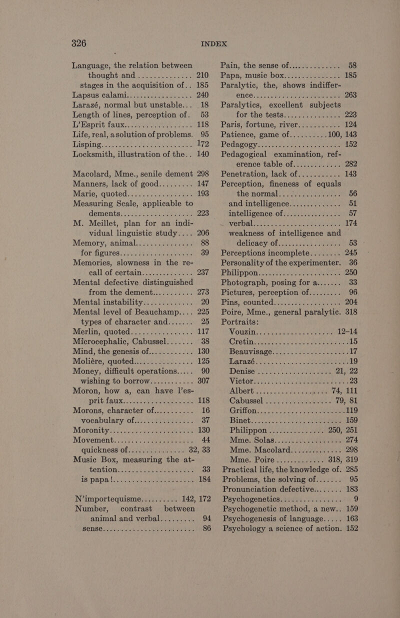 Language, the relation between Pain, the sense of.............. 58 thoughhiands se see see 210%, Papa; music DOX ASP hieee oe 185 stages in the acquisition of.. 185 Paralytic, the, shows indiffer- L'apsus'calami: 55e Goo gi 240 ence.. 7.148 Sea eee 263 Larazé, normal but unstable... 18 Paralytics, excellent subjects Length of lines, perception of. 53 for the tests, Wty. see 223 L'Esprit faux UP ss 118 Paris; fortune, river cess ee 124 Life, real, a solution of problems. 95 Patience, game of.......... 100, 143 Lispitur ai EURE EG 172). Pedagogy M0 SUR NES 152 Locksmith, illustration of the.. 140 Pedagogical examination, ref- erence table of............. 282 Macolard, Mme., senile dement 298 Penetration, lack of........... 143 Manners, lack of good......... 147 Perception, fineness of equals Marie, quoted........2.4410201 193 the normal, oe Serene: 56 Measuring Scale, applicable to and intelligence.............. 51 demontes cise ee eee ee 223 intelligente-of 0e 00 57 M. Meillet, plan for an indi- VOPDALE EE NS ETIENNE 174 vidual linguistic study.... 206 weakness of intelligence and Memory, animal.) 2270070000 88 delicacy GF wii.) LR TRS 53 for figures eR ees eee 39 Perceptions incomplete........ 245 Memories, slowness in the re- Personality of the experimenter. 36 call of. certain’. e000) 238i Pb ppons ay te ee ae ee 250 Mental defective distinguished Photograph, posing for a....... 33 from the dement........... 273 Pictures, perception of......... 96 Mental instability............. 20 : Pins; countedss.. 2/228. 8eme 204 Mental level of Beauchamp.... 225 Poire, Mme., general paralytic. 318 types of character and....... 25 Portraits: Morlin; quoted 2... MmEeRLLE 2 117 V OUZIN A. Speen vee cee 12-14 Microcephalic, Cabussel....... 38 CLOUD cahiveeakial © cas PUISE 15 Mind, the genesis of............ 130 Beauvisage Lili DAMES 17 Molière, quoted.......:........ 125 PA y: vs Os NME 7 19 Money, difficult operations..... 90 Denise ER LS LORIE 21, 22 wishing to borrow............ 307 ViGhOr is eA ARENA 23 Moron, how a, can have l’es- AIDE AIN 74, 111 Drit aux; cee ae te 118 Cabussol icq 100700 79, 81 Morons, character of........... 16 (Griffon. 0 shes Wake eee 119 vocabulary: of RIRE es 37 Binet.:. 236643 hada Gee 159 Méromibyit li sae MER Dre 130 Philippon CURE 250, 251 Movement. 17% 72, a eee ur +4 Mme. Solas., 4/2 sae ones 274 quickness Of Reno 32, 33 Mme. Macolard.............. 298 Music Box, measuring the at- Miné., Poire 27/2500, 318, 319 téntion a Ne CARRE 33 Practical life, the knowledge of. 285 15 DADS ll, ete enter 184 Problems, the solving of....... 95 Pronunciation defective........ 183 N’importequisme.......... 142, 172 Psychogenetics.:.............. 9 Number, contrast between Psychogenetic method, a new.. 159 animal and verbal......... 94 Psychogenesis of language..... 163 BOWIE idee Le nets 86 Psychology a science of action. 152