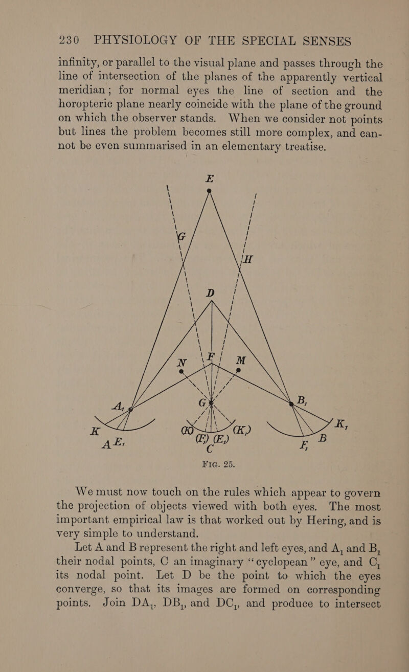 infinity, or parallel to the visual plane and passes through the line of intersection of the planes of the apparently vertical meridian ; for normal eyes the line of section and the horopteric plane nearly coincide with the plane of the ground on which the observer stands. When we consider not points — but lines the problem becomes still more complex, and can- not be even summarised in an elementary treatise. We must now touch on the rules which appear to govern the projection of objects viewed with both eyes. The most important empirical law is that worked out by Hering, and is very simple to understand. Let A and B represent the right and left eyes, and A, and B, their nodal points, C an imaginary ‘“‘cyclopean” eye, and C, its nodal point. Let D be the point to which the eyes converge, so that its images are formed on corresponding points. Join DA,, DB,, and DC,, and produce to intersect