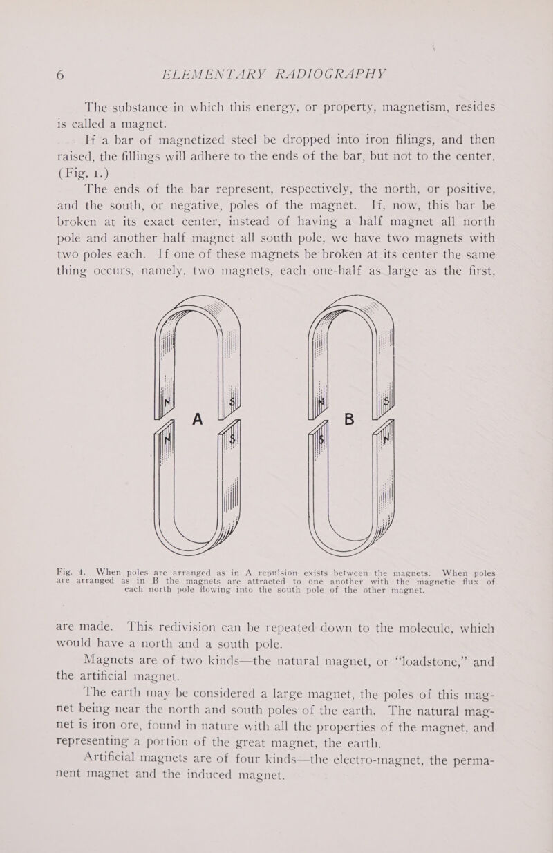 The substance in which this energy, or property, magnetism, resides is called a magnet. If a bar of magnetized steel be dropped into iron filings, and then raised, the fillings will adhere to the ends of the bar, but not to the center. ( Hicy 1.) The ends of the bar represent, respectively, the north, or positive, and the south, or negative, poles of the magnet. If, now, this bar be broken at its exact center, instead of having a half magnet all north pole and another half magnet all south pole, we have two magnets with two poles each. If one of these magnets be broken at its center the same thing occurs, namely, two magnets, each one-half as large as the first, Fig. 4. When poles are arranged as in A repulsion exists between the magnets. When poles are arranged as in B the magnets are attracted to one another with the magnetic flux of each north pole flowing into the south pole of the other magnet. are made. This redivision can be repeated down to the molecule, which would have a north and a south pole. Magnets are of two kinds—the natural magnet, or “loadstone,”’ and the artificial magnet. The earth may be considered a large magnet, the poles of this mag- net being near the north and south poles of the earth. The natural mag- net is iron ore, found in nature with all the properties of the magnet, and representing a portion of the great magnet, the earth. Artificial magnets are of four kinds—the electro-magnet, the perma- nent magnet and the induced magnet.