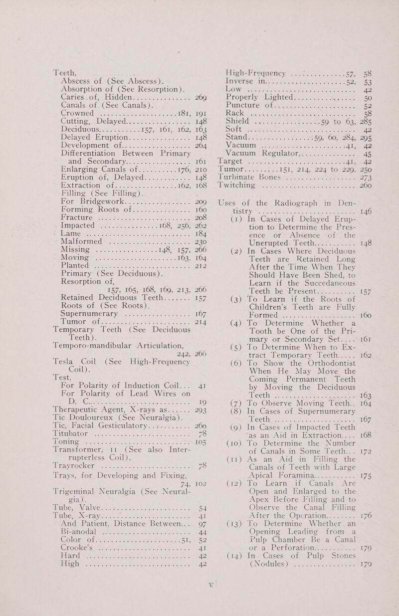 Teeth, Abscess of (See Abscess). Absorption of (See Resorption). Garieswoletlic.den a ates tea ee Ganalsvo mm GpeccCanals)s Growned ian wes..ue eee ete 181, Cutting, Delayed. eR ER OR ee Detidtous ener vse L576 FOI 102; Delaved™ Briptionae nese ae oe Development: Cigws ec. sccm rae Differentiation Between Primary ANG OCCONnCAL yar ao eee ee MnlarcinesCand|ss0t. an ee 176, Ecuption ao lee Welaycd sm ee se. ESETAactOne OLf va owe ee eee 162, Pilling (See Filling). Porebrdgeworkct se: ie ae Forming: Roots of: s.ic.5i528.... Fracture _ Impacted Pilsannie Reins Ae eee, Moot? Sh. ae ae eee Malformed Missing evlgh iol ‘encelwe’ a] e%'d, e,te Vee, © e jee is) 6 0 6 el 9,0 ye, 6: (6118) e8 eo nah re! 0) Me, eh ans) tee) (oy Ole, 16! 1b ste) &lt;6) tel cs) elle SO) (0) uel el. e .€)e:. 6 o&gt; 6! 6h .e) 16 (6: 0) 1a Primary (See Deciduous). Resorption of, 157, 165, 168, 169, 213, Roots of (See Roots). Supernumerary SEUMOLe Ol Nandi Peer tea ae oe Ces Temporary Teeth (See Deciduous Teeth). Temporo-mandibular Articulation, 242, (See High-Frequency el iG] ier ab Ce) for (ete; ig: 4) wy Ne Je se) 10 6 heslaeeCoil Coil). Test, ForsPolarity-of Induction Coil... For Polarity of Lead Wires on Lt COs were weer, Therapeutic Agent, X-rays as:..... Tic Douloureux (See Neuralgia). Piet DLO Tame eleseden the oF ecerin wanene tee sete he SOROS aaah ee ere PM a Oe ee ae TES Transformer, Ir (See also Inter- rupterless Coil). RE AVROCK Clee aimee sn Nets ga oie. eet yas es Trays, for Developing and Fixing, 74, Trigeminal. Neuralgia (See Neural- O14), BEPELICe AEN ALVIS SOWA Som P ee ines era ek hep CECH DCO NEL AVR &gt; omg tn ek oben shales And Patient, Distance Between... Bi-anodal COLGERAOT Ret: pa Once Gee + vk GEOOKE'S eye els h .6Be au IRA aka es Ua ied ocak aa es Rieke RET ha ck ‘ached ge eet tak 4 Aas A ne CAPs are eee (2) (14) isi Preqnéency. sees oasaee 57, [Inverse 1118 oh. ma Wee eae 52) TsO We p-t rk ee ts oe ee, Ceo Propéeslym viohted ste.) a) ee Punctute® laa seca en, meee oe Racks! nae hace we aa crs SATE Shields ane Sac tne oe 59 to 63, OTE ML ae WE cree ee Sfande Sse a eee 59, 60, 284, Vacuiinie aioe oie: sen Oe ae Al, Vacuunre Rerulatocisas oe een ARATE Cb fer Sec cori oe one tym Peotone eee 4I, JD UMOrs aie Jee 151, 214, 224- tor220, dutbitidte” Boness ae, sre seen ee SSWiItChinigate, Sas vie cede ee eee See Uses of the Radiograph in Den- AAS TI Sas oe ee SU a) ee (1) In Cases of Delayed Erup- tion to Determine the Pres- ence “or Absence “oir, the Uneruptedial ectin aa. sree In Cases Where Deciduous Teeth are Retained Long After the Time When They Should Have Been Shed, to Learn ifthe Succedaneous Teethabesbresentas7: eons Lowléarn mMisthe Kootsaor Children’s Teeth are Fully Formed To Determine Whether a Tooth be One of the Pri- mary or Secondary Set.... To Determine When to Ex- tract: sLemporary lecui aes To Show the Orthodontist When He May Move. the Coming Permanent Teeth by Moving the Deciduous Teeth To Observe Moving Teeth.. In Cases of Supernumerary Teeth In Cases of Impacted Teeth AStai Aid wil xf action sam To Determine the Number of Canals in Some.Teeth.. . AS Jana Aid ins -Pillinewmine Canals of Teeth with Large Apicalehoraiminar eae Lo-nbearnaice Canales wire Open and Enlarged to the Apex Before Filling and to Observe the Canal Filling Ajter° the Operation. 2. ss &lt;e To Determine Whether . an Opening Leading from a Pulp Chamber Bé*a Canal or.a ~PeritGrations aa ee Inv: Gases: oLmiPulpe stones CIN OG1t1eS wae sews eee ee