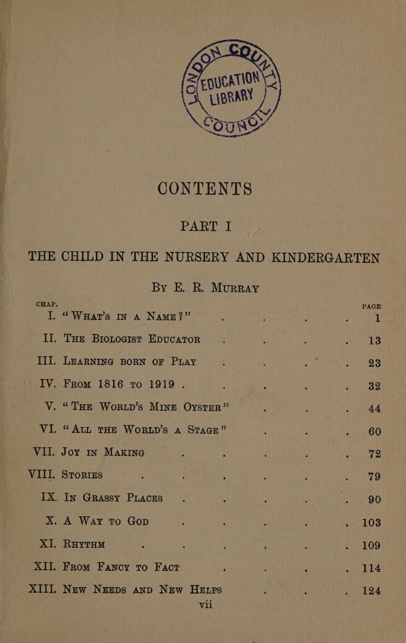 CONTENTS PART I THE CHILD IN THE NURSERY AND KINDERGARTEN By E. R. Murray I, “Waar’s In a Namp?” II. Tue Bionogist Epucator : : , Rarer i, III. LeaRNING BORN OF PLAY : ; ; e223 IV. From 1816 to 1919 . ; A ; ewes V. “Tae Wortp’s Mine Oyster” : : . 44 VI. “AtL THE WoRLD’s a Stace” , ‘ 40 WOO VII. Joy my Maxine : : : ; Spree VIII. Strorizs ; : : ‘ , Pt ee IX. In Grassy Puaces . : ; : &lt;r BO X. A Way To Gop ; , j : . 1038 XI. RaytHM : : : : : ~ 109 XII. From Fancy to Fact : : : . 114 XIII. New Nzzeps anp New HE tps : : a eb Le Vli