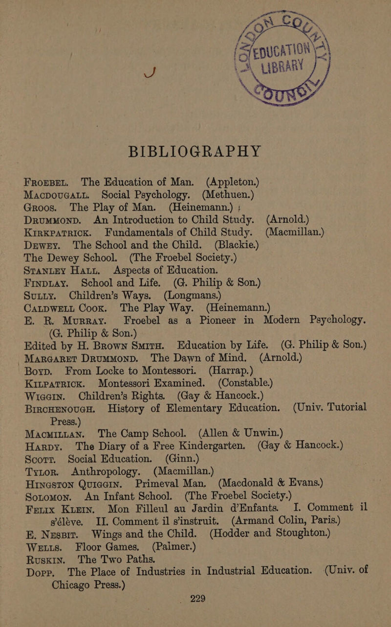 | aS ton. (YS /Zepucation\a\ J LIBRARY . \ : ‘A! BIBLIOGRAPHY FrogBet. The Education of Man. (Appleton.) MacpouGcatt. Social Psychology. (Methuen.) Groos. The Play of Man. (Heinemann.) ; Drumwuonv. An Introduction to Child Study. (Arnold.) KIRKPATRICK. Fundamentals of Child Study. (Macmillan.) Dewey. The School and the Child. (Blackie.) The Dewey School. (The Froebel Society.) Stantey Harr, Aspects of Education. Frnpuay. School and Life. (G. Philip &amp; Son.) Sutty. Children’s Ways. (Longmans.) CALDWELL Cook. The Play Way. (Heinemann.) E. R. Murray. Froebel as a Pioneer in Modern Psychology. (G. Philip &amp; Son.) Edited by H. Brown Smira. Education by Life. (G. Philip &amp; Son.) -Marearet DrummMonp. The Dawn of Mind. (Arnold. Boyp. From Locke to Montessori. (Harrap.) Kinpatrick. Montessori Examined. (Constable.) Wieain. Children’s Rights) (Gay &amp; Hancock.) BrrcHENOUGH. History of Elementary Education. (Univ. Tutorial Press.) Maominnan. The Camp School. (Allen &amp; Unwin.) Harpy. ‘The Diary of a Free Kindergarten. (Gay &amp; Hancock.) Scott. Social Education. (Ginn.) Tytor. Anthropology. (Macmillan.) Hrveston Quiecrn. Primeval Man. (Macdonald &amp; Evans.) Sotomon. An Infant School. (The Froebel Society.) Fenix Kusery. Mon Filleul au Jardin d’Enfants) I. Comment il séléve, II, Comment il s’instruit. (Armand Colin, Paris.) E, Nuspir. Wings and the Child. (Hodder and Stoughton.) Wetts. Floor Games, (Palmer.) Ruskin. The Two Paths. Dopp, The Place of Industries in Industrial Education. (Univ. of Chicago Press.) 228