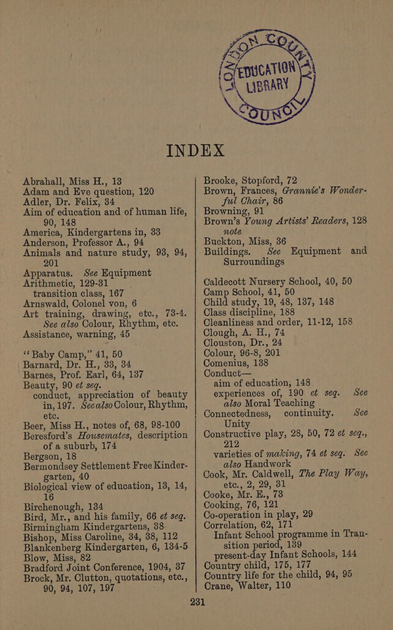 Abrahall, Miss H., 13 Adam and Eve question, 120 Adler, Dr. Felix, 34 Aim of education and of human life, 90, 148 America, Kindergartens in, 33 Anderson, Professor A., 94 Animals and nature study, 93, 94, 201 Apparatus. See Equipment Arithmetic, 129-31 transition class, 167 Arnswald, Colonel von, 6 Art training, drawing, etc., 73-4. See also Colour, Rhythm, ete. Assistance, warning, 45 ‘* Baby Camp,” 41, 50 | Barnard, Dr. H., 33, 34 Barnes, Prof. Earl, 64, 137 Beauty, 90 e¢ seq. conduct, appreciation of beauty in, 197. SeealsoColour, Rhythm, etc. Beer, Miss H., notes of, 68, 98-100 Beresford’s Housemates, description of a suburb, 174 Bergson, 18 Bermondsey Settlement Free Kinder- garten, 40 Biological view of education, 13, 14, 16 Birchenough, 134 Bird, Mr., and his family, 66 et seq. Birmingham Kindergartens, 88 Bishop, Miss Caroline, 34, 38, 112 Blankenberg Kindergarten, 6, 134-5 Blow, Miss, 82 Bradford Joint Conference, 1904, 37 Brock, Mr. Clutton, quotations, etc., 90, 94, 107, 197 Brooke, Stopford, 72 Brown, Frances, Grannie’s Wonder- ful Chair, 86 Browning, 91 Brown’s Young Artists’ Readers, 128 note Buckton, Miss, 36 Buildings. See Equipment and Surroundings Caldecott Nursery School, 40, 50 Camp School, 41, 50 Child study, 19, 48, 137, 148 Class discipline, 188 Cleanliness and order, 11-12, 158 Clough, A. H., 74 Clouston, Dr., 24 Colour, 96-8, 201 Comenius, 138 Conduct— aim of education, 148 experiences of, 190 e¢ seg. See also Moral Teaching Connectedness, continuity. See Unity Constructive play, 28, 50, 72 et seq., 212 varieties of making, 74 et seq. See also Handwork Cook, Mr. Caldwell, The Play Way, etc., 2, 29, 31 Cooke, Mr. E., 73 Cooking, 76, 121 Co-operation in play, 29 Correlation, 62, 171 Infant School programme in Tran- sition period, 139 present-day Infant Schools, 144 Country child, 175, 177 Country life for the child, 94, 95 Crane, Walter, 110