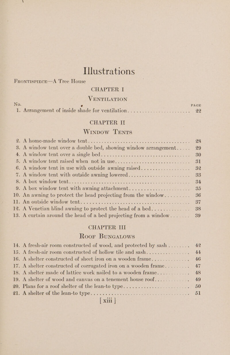 © 0 ~I &gt; oH BP oo ella andil om Oo © = © CHAPTER I VENTILATION CHAPTER If Winpow TEntTs A window tent over a double bed, showing window arrangement. .... AL window Lem over-a-smule bed). &lt;, te-ceees bs, eth eee os Rea bes AM window. tent raised’ when net in Use... Secs ede Se CHAPTER III Roor BuNGALOWwS A fresh-air room constructed of wood, and protected by sash....... : A fresh-air room constructed of hollow tile and sash................ A shelter constructed of corrugated iron on a wooden frame......... A shelter made of lattice work nailed to a wooden frame............ A shelter of wood and canvas on a tenement house roof............. Plans fora roof shelter of the lean=to type. ob... eae ac a mB suchen or the leavi-to type. vu Foie ls eed Sachs hte aes PAGE: 30