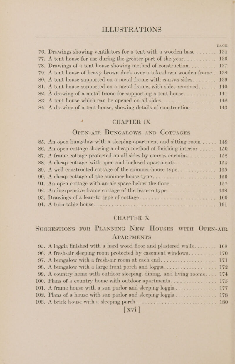 PAGE 76. Drawings showing ventilators for a tent with a wooden base ....... 134 77. A tent house for use during the greater part of the year........... 136 78. Drawings of a tent house showing method of construction.......... 137 79. A tent house of heavy brown duck over a take-down wooden frame . 138 80. A tent house supported on a metal frame with canvas sides........ 139 81. A tent house supported on a metal frame, with sides removed. ..... 140 82. A drawing of a metal frame for supporting a tent house........... 141 83. A tent house which can be opened on all sides................-.... 142 84. A drawing of a tent house, showing details of construction......... 143 « CHAPTER IX OpEN-AIR BUNGALOWS AND COTTAGES 85. An open bungalow with a sleeping apartment and sitting room ..... 149 86. An open cottage showing a cheap method of finishing interior ...... 150 87. A frame cottage protected on all sides by canvas curtains.......... 152 88. A cheap cottage with open and inclosed apartments.............. 154 89. A well constructed cottage of the summer-house type....... eee coal 155 90. A cheap cottage of the summer-house type....................... 156 91. An open cottage with an air space below the floor................. 157 92. An inexpensive frame cottage of the lean-to type................. 158 93. Drawings of a lean-to type of cottage.............0.-5. csc ceeeen 160 O41; A turdable Borge os 5 ee oa Bs ee es ee 161 CHAPTER X SUGGESTIONS FOR PLANNING New Houses with OPrEN-AIR APARTMENTS 95. A loggia finished with a hard wood floor and plastered walls. ....... 168 96. A fresh-air sleeping room protected by casement windows.......... 170 97. A bungalow with a fresh-air room at each end.................... 171 98. A bungalow with a large front porch and loggia................... 172 99. A country home with outdoor sleeping, dining, and living rooms.... 174 100. Plans of a country home with outdoor apartments................ 175 101. A frame house with a sun parlor and sleeping loggia............... Wir | 102. Plans of a house with sun parlor and sleeping loggia............... 178 108. A brick house with #.sleeping porelas. 3 uae. Ss ds. c eka 180