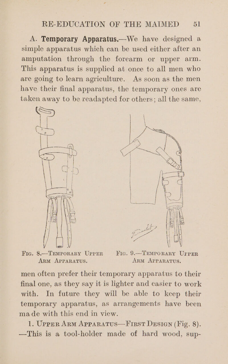 4 RE-EDUCATION OF THE MAIMED 51 A. Temporary Apparatus.—We have designed a simple apparatus which can be used either after an amputation through the forearm or upper arm. This apparatus is supplied at once to all men who are going to learn agriculture. As soon as the men have their final apparatus, the temporary ones are taken away to be readapted for others; all the same, Fic. §—_Tavronany UPPER Fic. 9.—TEMPORARY UPPER Arm APPARATUS. ARM APPARATUS. men often prefer their temporary apparatus to their final one, as they say it is lighter and easier to work with. In future they will be able to keep their temporary apparatus, aS arrangements have been made with this end in view. 1. Upprr Arm ApparaTus—First Dusien (Fig. 8). —This is a tool-holder made of hard wood, sup-