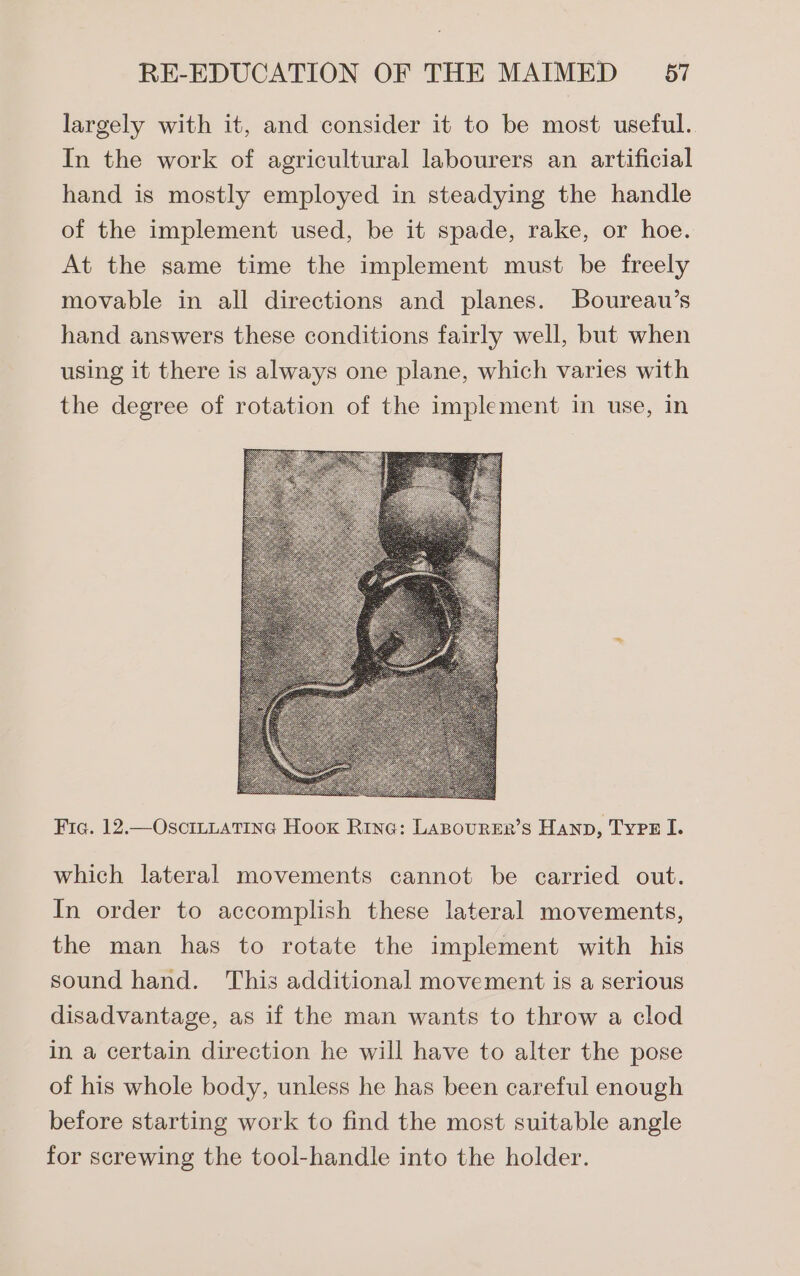 largely with it, and consider it to be most useful. In the work of agricultural labourers an artificial hand is mostly employed in steadying the handle of the implement used, be it spade, rake, or hoe. At the same time the implement must be freely movable in all directions and planes. Boureau’s hand answers these conditions fairly well, but when using it there is always one plane, which varies with the degree of rotation of the implement in use, in Fia. 12.—Oscmiatine Hoox Ring: LaBoursr’s Hanp, Type I. which lateral movements cannot be carried out. In order to accomplish these lateral movements, the man has to rotate the implement with his sound hand. This additional movement is a serious disadvantage, as if the man wants to throw a clod in a certain direction he will have to alter the pose of his whole body, unless he has been careful enough before starting work to find the most suitable angle for screwing the tool-handle into the holder.