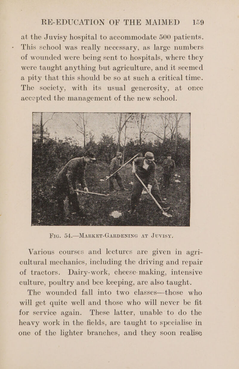 at the Juvisy hospital to accommodate 500 patients. This school was really necessary, as large numbers of wounded were being sent to hospitals, where they were taught anything but agriculture, and it seemed a pity that this should be so at such a critical time. The society, with its usual generosity, at once accepted the management of the new school. Various courses and lectures are given in agri- cultural mechanics, including the driving and repair of tractors. Dairy-work, cheese-making, intensive culture, poultry and bee keeping, are also taught. The wounded fall into two classes—those who will get quite well and those who will never be fit for service again. These latter, unable to do the heavy work in the fields, are taught to specialise in one of the lighter branches, and they soon realise