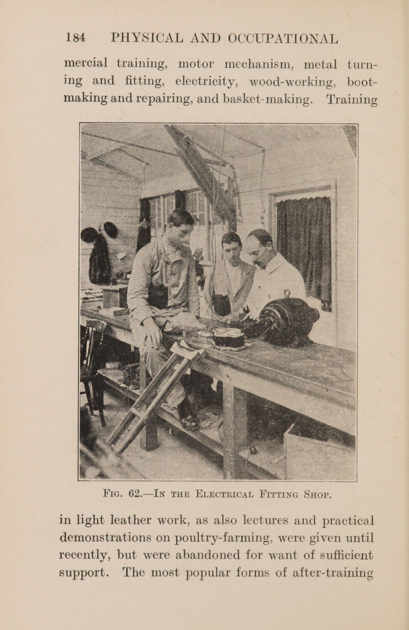 mercial training, motor mechanism, metal turn- ing and fitting, electricity, wood-working, boot- making and repairing, and basket-making. Training in light leather work, as also lectures and practical demonstrations on poultry-farming, were given until recently, but were abandoned for want of sufficient support. The most popular forms of after-training