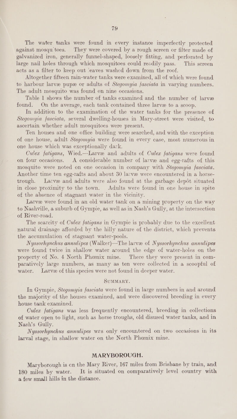 Us The water tanks were found in every instance imperfectly protected agaist mosqu toes. They were covered by a rough screen or filter made of galvanized iron, generally funnel-shaped, loosely fitting, and perforated by large nail holes through which mosquitoes could readily pass. This screen acts as a filter to keep out ‘eaves washed down from the roof. Altogether fifteen ram-water tanks were examined, all of which were found to harbour larve pup or adults of Stegomyra fasciata in varying numbers. The adult mosquito was found on nine occasions. Table 1 shows the number of tanks examined and the number of larvee found. On the average, each tank contained three larve to a scoop. In addition to the examination of the water tanks for the presence of Stegomyia fasciata, several dwelling-houses in Mary-street were visited, to ascertain whether adult mosquitoes were present. Ten houses and one office building were searched, and with the exception of one house, adult Stegomyia were found in every case, most numerous in one house which was exceptionally dark. Culex fatigans, Wied.—Larve and adults of Culex fatigans were found on four occasions. A considerable number of larve and egg-rafts of this mosquito were noted on one occasion in company with Stegomyia fasciata. Another time ten egg-rafts and about 30 larvae were encountered in a horse- trough. Larve and adults were also found at the garbage depot situated in close proximity to the town. Adults were found in one house in spite of the absence of stagnant water in the vicinity. Larvee were found in an old water tank on a mining property on the way to Nashville, a suburb of Gympie, as well as in Nash’s Gully, at the intersection of River-road. The scarcity of Culex fategans in Gympie is probably due to the excellent natural drainage afforded by the hilly nature of the district, which prevents the accumulation of stagnant water-pools. | Nyssorhynchus annulipes (Walker)—The larvee of Nyssorhynchus annulipes were found twice in shallow water around the edge of water-holes on the property of No. 4 North Phcenix mine. There they were present in com- paratively large numbers, as many as ten were collected in a scoopful of water. Larve of this species were not found in deeper water. SUMMARY. In Gympie, Stegomyia fasciata were found in large numbers in and around the majority of the houses examined, and were discovered breeding in every house tank examined. Culex fatigans was less frequently encountered, breeding in collections of water open to light, such as horse troughs, old disused water tanks, and in Nash’s Gully. Nyssorhynchus annulipes wes only encountered on two occasions in 1ts larval stage, in shallow water on the North Pheenix mine. MARYBOROUGH. Maryborough is on the Mary River, 167 miles from Brisbane by train, and 180 miles by water. It is situated on comparatively level country with a few small hills in the distance.