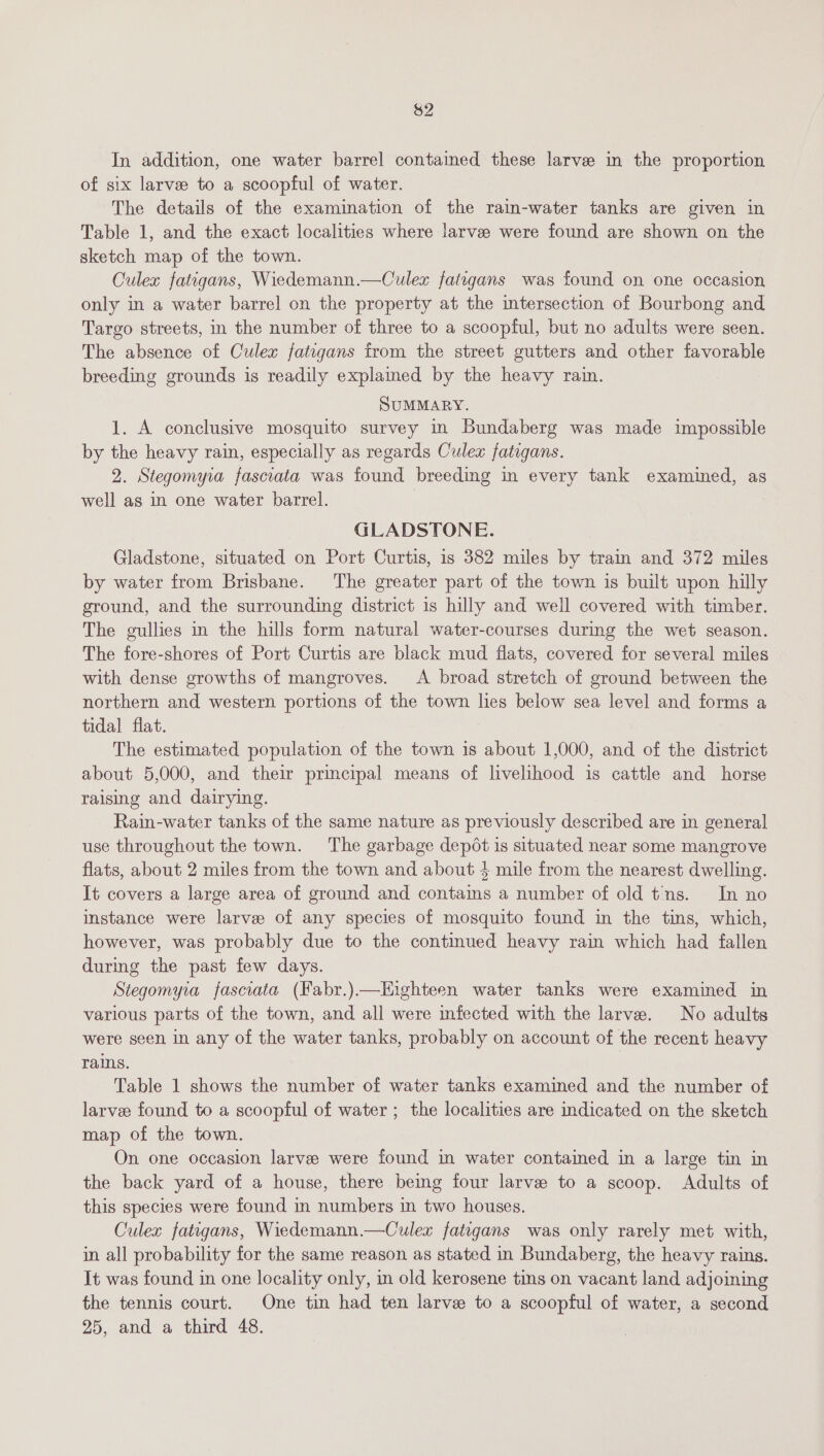 $2 In addition, one water barrel contained these larve in the proportion of six larve to a scoopful of water. The details of the examination of the rain-water tanks are given in Table 1, and the exact localities where larvae were found are shown on the sketch map of the town. Culex fatigans, Wiedemann.—Culex fatigans was found on one occasion only in a water barrel on the property at the imtersection of Bourbong and Targo streets, in the number of three to a scoopful, but no adults were seen. The absence of Culex fatigans from the street gutters and other favorable breeding grounds is readily explained by the heavy rain. SUMMARY. 1. A conclusive mosquito survey in Bundaberg was made impossible by the heavy rain, especially as regards Culex fatigans. 2. Stegomyia fasciata was found breeding in every tank examined, as well as in one water barrel. GLADSTONE. Gladstone, situated on Port Curtis, is 382 miles by train and 372 miles by water from Brisbane. The greater part of the town is built upon hilly ground, and the surrounding district is hilly and well covered with timber. The gullies in the hills form natural water-courses during the wet season. The fore-shores of Port Curtis are black mud flats, covered for several miles with dense growths of mangroves. A broad stretch of ground between the northern and western portions of the town lies below sea level and forms a tidal flat. The estimated population of the town is about 1,000, and of the district about 5,000, and their principal means of livelihood is cattle and horse raising and dairying. Rain-water tanks of the same nature as previously described are in general use throughout the town. The garbage depot is situated near some mangrove flats, about 2 miles from the town and about 4 mile from the nearest dwelling. It covers a large area of ground and contams a number of old tns. In no instance were larve of any species of mosquito found in the tins, which, however, was probably due to the continued heavy rain which had fallen during the past few days. Stegomyia fasciata (Fabr.)—EHighteen water tanks were examined in various parts of the town, and all were infected with the larve. No adults were seen in any of the water tanks, probably on account of the recent heavy rains. Table 1 shows the number of water tanks examined and the number of larvee found to a scoopful of water ; the localities are indicated on the sketch map of the town. On one occasion larvae were found in water contained in a large tin in the back yard of a house, there being four larve to a scoop. Adults of this species were found i numbers in two houses. Culex fatigans, Wiedemann.—Culex fatigans was only rarely met with, in all probability for the same reason as stated in Bundaberg, the heavy rains. It was found in one locality only, in old kerosene tins on vacant land adjoiming the tennis court. One tin had ten larve to a scoopful of water, a second 25, and a third 48.