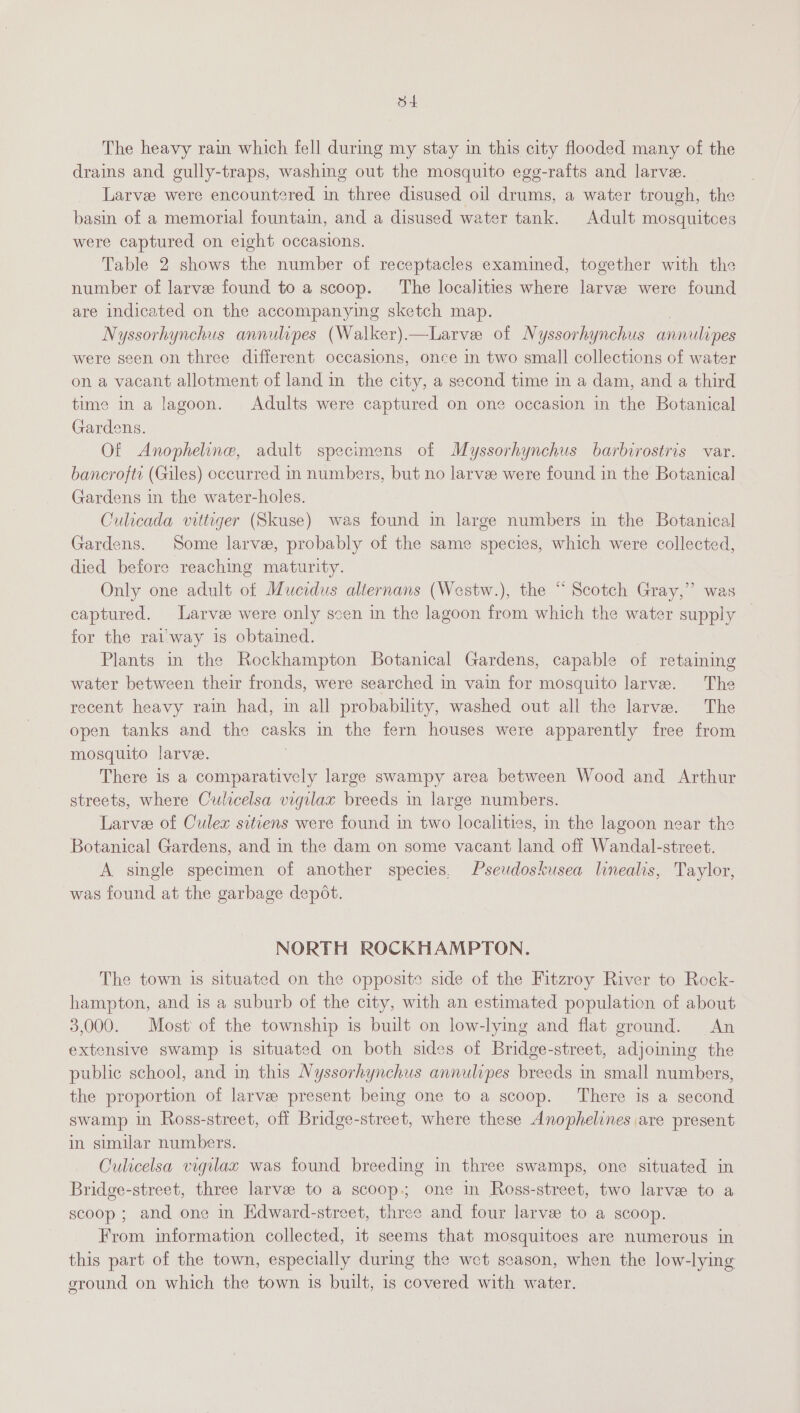 34 The heavy rain which fell durmg my stay in this city flooded many of the drains and gully-traps, washing out the mosquito egg-rafts and larve. Larve were encountered in three disused oil drums, a water trough, the basin of a memorial fountain, and a disused water tank. Adult mosquitoes were captured on eight occasions. Table 2 shows the number of receptacles examined, together with the number of larvee found to a Scoop. The localities where larvee were found are indicated on the accompanying sketch map. Nyssorhynchus annulipes (Walker).—Larvee of Nyssorhynchus annulipes were seen on three different occasions, once in two small collections of water on a vacant allotment of land in the city, a second time in a dam, and a third time in a lagoon. Adults were captured on one occasion in the Botanical Gardens. Of Anopheline, adult specimens of Myssorhynchus barbirostris var. bancrofte (Giles) occurred in numbers, but no larvee were found in the Botanical Gardens in the water-holes. Culicada vittiger (Skuse) was found im large numbers in the Botanical Gardens. Some larve, probably of the same species, which were collected, died before reaching maturity. Only one adult of Mucidus alternans (Westw.), the “Scotch Gray,” was captured. Larvee were only scen in the lagoon from which the water supply for the ral'way is obtained. Plants in the Rockhampton Botanical Gardens, capable of retaining water between their fronds, were searched in vain for mosquito larve. The recent heavy rain had, in all probability, washed out all the larve. The open tanks and the casks in the fern houses were apparently free from mosquito larvee. There is a comparatively large swampy area between Wood and Arthur streets, where Culicelsa vigilax breeds in large numbers. Larvee of Culex sitiens were found in two localities, in the lagoon near the Botanical Gardens, and in the dam on some vacant land off Wandal-street. A single specimen of another species, Pseudoskusea linealis, Taylor, was found at the garbage depot. NORTH ROCKHAMPTON. The town is situated on the opposite side of the Fitzroy River to Rock- hampton, and is a suburb of the city, with an estimated population of about 3,000. Most of the township is built on low-lying and flat ground. An extensive swamp is situated on both sides of Bridge-street, adjoining the public school, and in this Nyssorhynchus annulipes breeds in small numbers, the proportion of larvee present being one to a scoop. There is a second swamp in Ross-street, off Bridge-street, where these Anophelines are present in similar numbers. Culicelsa vigilax was found breeding in three swamps, one situated in Bridge-street, three larvae to a scoop.; one in Ross-street, two larvee to a scoop; and one in Hdward-street, three and four larve to a scoop. From information collected, it seems that mosquitoes are numerous in this part of the town, especially during the wet season, when the low-lying ground on which the town is built, is covered with water.