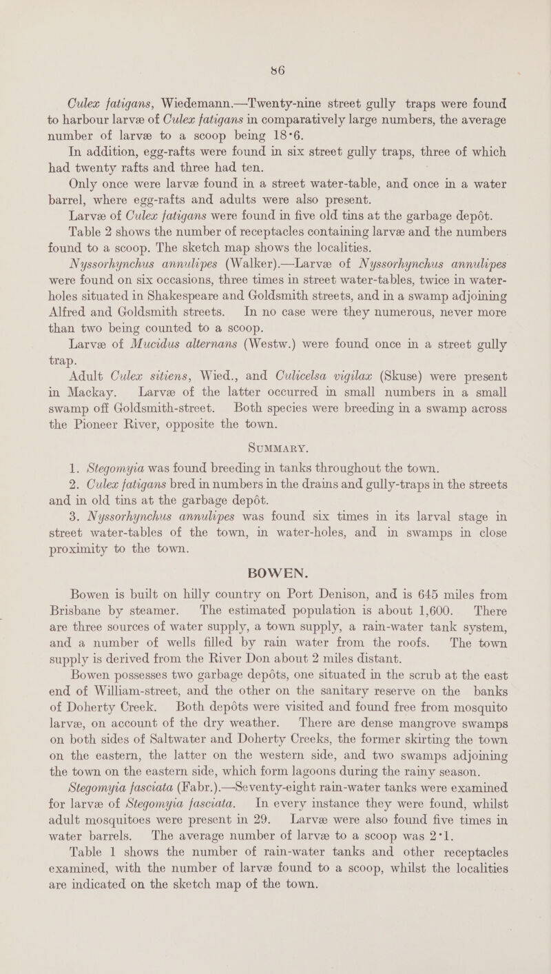S6 Culex fatigans, Wiedemann.—Twenty-nine street gully traps were found to harbour larvee of Culex fatigans in comparatively large numbers, the average number of larvee to a scoop being 18°6. In addition, egg-rafts were found in six street gully traps, three of which had twenty rafts and three had ten. Only once were larve found in a street water-table, and once in a water barrel, where egg-rafts and adults were also present. Larvee of Culex fatigans were found in five old tins at the garbage depdt. Table 2 shows the number of receptacles containing larvee and the numbers found to a scoop. The sketch map shows the localities. Nyssorhynchus annulipes (Walker) —Larvee of Nyssorhynchus annulipes were found on six occasions, three times in street water-tables, twice in water- holes situated in Shakespeare and Goldsmith streets, and in a swamp adjoining Alfred and Goldsmith streets. In no case were they numerous, never more than two being counted to a scoop. Larve of Mucidus alternans (Westw.) were found once in a street gully trap. Adult Culex sitiens, Wied., and Culicelsa vigilax (Skuse) were present in Mackay. Larve of the latter occurred in small numbers in a small swamp off Goldsmith-street. Both species were breeding in a swamp across the Pioneer River, opposite the town. SUMMARY. 1. Stegomyia was found breeding in tanks throughout the town. 2. Culex fatgans bred in numbers in the drains and gully-traps in the streets and in old tins at the garbage depot. 3. Nyssorhynchus annulipes was found six times in its larval stage in street water-tables of the town, im water-holes, and in swamps in close proximity to the town. BOWEN. Bowen is built on hilly country on Port Denison, and is 645 miles from Brisbane by steamer. The estimated population is about 1,600. There are three sources of water supply, a town supply, a rain-water tank system, and a number of wells filled by rain water from the roofs. The town supply is derived from the River Don about 2 miles distant. Bowen possesses two garbage depots, one situated in the scrub at the east end of William-street, and the other on the sanitary reserve on the banks of Doherty Creek. Both depdts were visited and found free from mosquito larvee, on account of the dry weather. There are dense mangrove swamps on both sides of Saltwater and Doherty Creeks, the former skirting the town on the eastern, the latter on the western side, and two swamps adjoining the town on the eastern side, which form lagoons during the rainy season. Stegomyra fasciata (Fabr.).—Seventy-eight rain-water tanks were examined for larvee of Stegomyia fasciata. In every instance they were found, whilst adult mosquitoes were present in 29. -Larvee were also found five times in water barrels. The average number of larvee to a scoop was 2°1. Table 1 shows the number of rain-water tanks and other receptacles examined, with the number of larve found to a scoop, whilst the localities are indicated on the sketch map of the town.