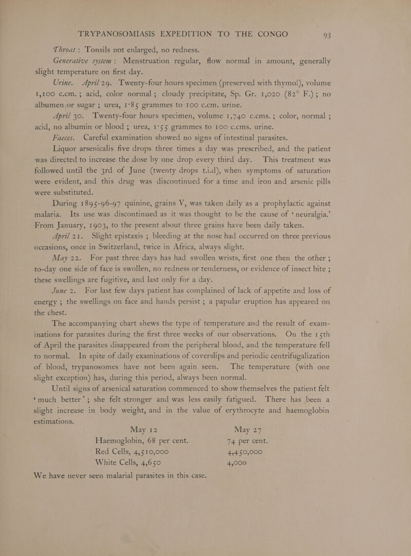 Throat: ‘Yonsils not enlarged, no redness. Generative system: Menstruation regular, flow normal in amount, generally slight temperature on first day. Urine. April29. Twenty-four hours specimen (preserved with thymo!), volume 1,100 c.cm.; acid, color normal; cloudy precipitate, Sp. Gr. 1,020 (82° F.); no albumenjor sugar ; urea, 1°85 grammes to I00 c.cm. urine. April 30. Twenty-four hours specimen, volume 1,740 c.cms.; color, normal ; acid, no albumin or blood ; urea, 1°55 grammes to 100 c.cms. urine. Faeces. Careful examination showed no signs of intestinal parasites. Liquor arsenicalis five drops three times a day was prescribed, and the patient was directed to increase the dose by one drop every third day. This treatment was followed until the 3rd of June (twenty drops t.i.d), when symptoms of saturation were evident, and this drug was discontinued for a time and iron and arsenic pills were substituted. During 1895-96-97 quinine, grains V, was taken daily as a prophylactic against malaria. Its use was discontinued as it was thought to be the cause of ‘ neuralgia.’ From January, 1903, to the present about three grains have been daily taken. April 21. Slight epistaxis ; bleeding at the nose had occurred on three previous occasions, once in Switzerland, twice in Africa, always slight. May 22. For past three days has had swollen wrists, first one then the other ; to-day one side of face is swollen, no redness or tenderness, or evidence of insect bite ; these swellings are fugitive, and last only for a day. June 2. For last few days patient has complained of lack of appetite and loss of energy ; the swellings on face and hands persist ; a papular eruption has appeared on the chest. The accompanying chart shews the type of temperature and the result of exam- inations for parasites during the first three weeks of our observations. On the 15th of April the parasites disappeared from the peripheral blood, and the temperature fell to normal. In spite of daily examinations of coverslips and periodic centrifugalization of blood, trypanosomes have not been again seen. The temperature (with one slight exception) has, during this period, always been normal. Until signs of arsenical saturation commenced to show themselves the patient felt “much better’; she felt stronger and was less easily fatigued. There has been a slight increase in body weight, and in the value of erythrocyte and haemoglobin estimations. May 12 May 27 Haemoglobin, 68 per cent. 74 per cent. Red Cells, 4,510,000 4,4.50,000 White Cells, 4,650 4,000 We have never seen malarial parasites in this case.